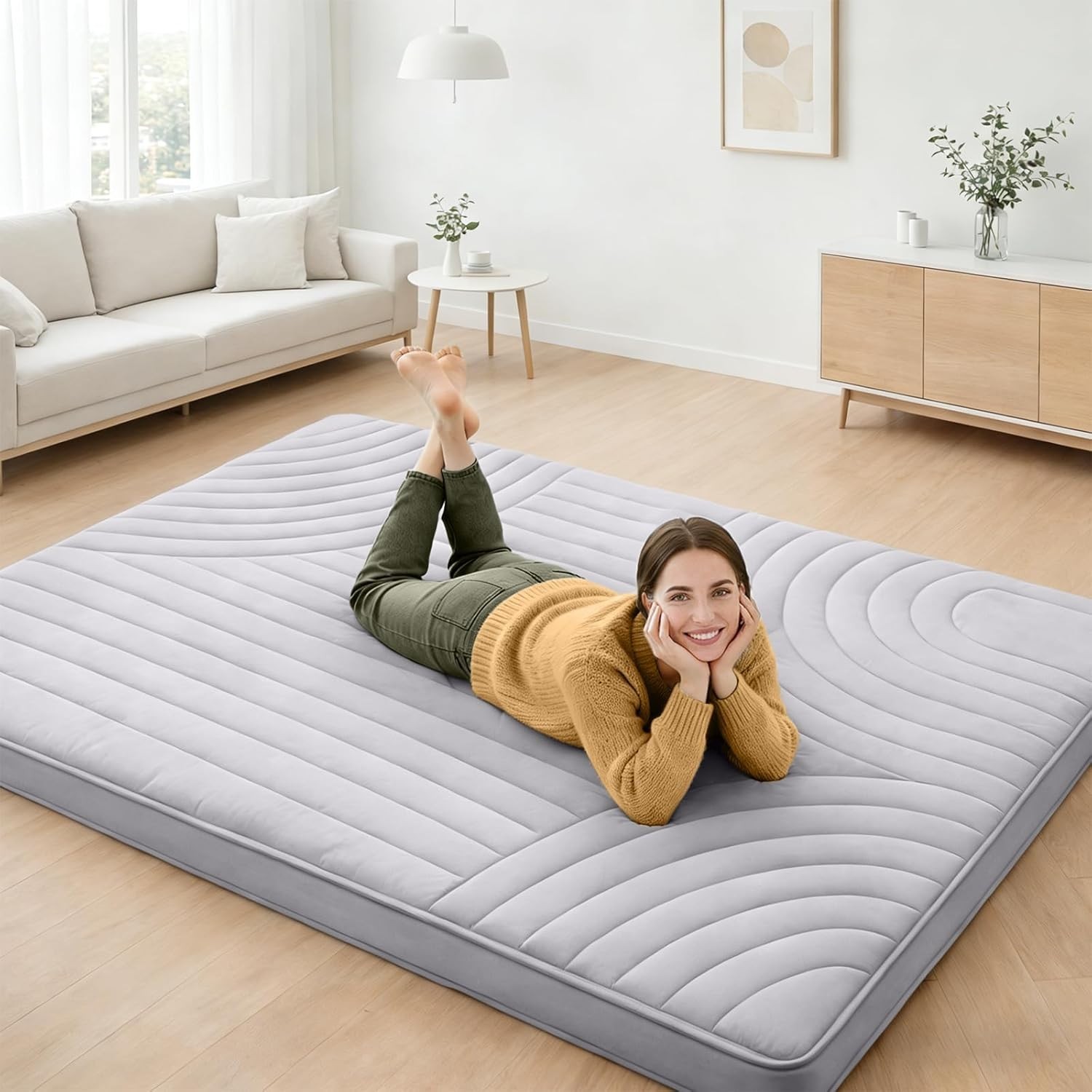 Portable Full Japanese Floor Bed, 5-Layer Plush, Removable Washable Cover