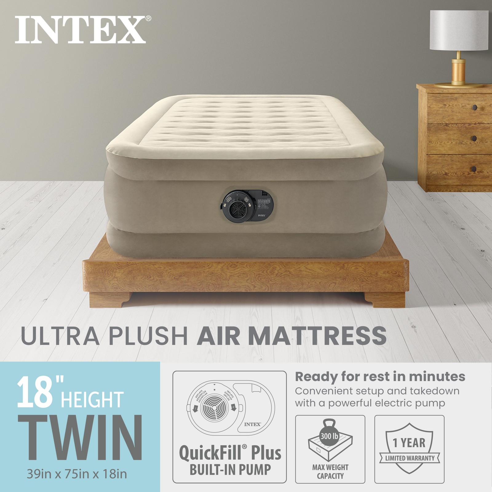 Intex 64427ED Dura-Beam Deluxe Ultra Plush Air Mattress w/Built-in Pump, Twin