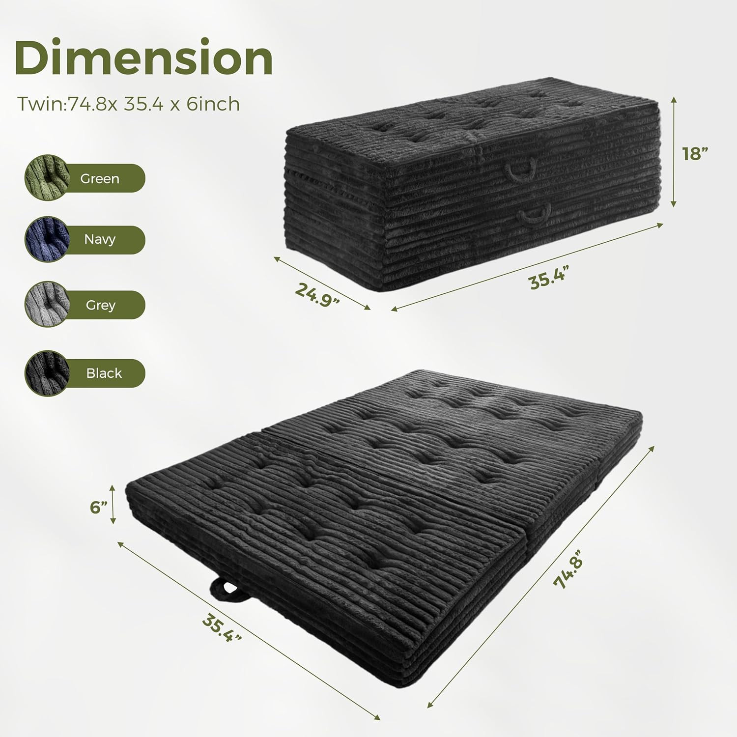 Compact 6-Inch Tri-Fold Folding Mattress with Handles – Twin Black Sofa Bed