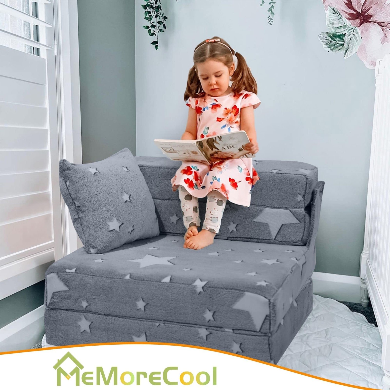 Kids Tri-Fold Sofa Bed – Glow Star Floor Mattress & Foldable Futon Chair Conv…