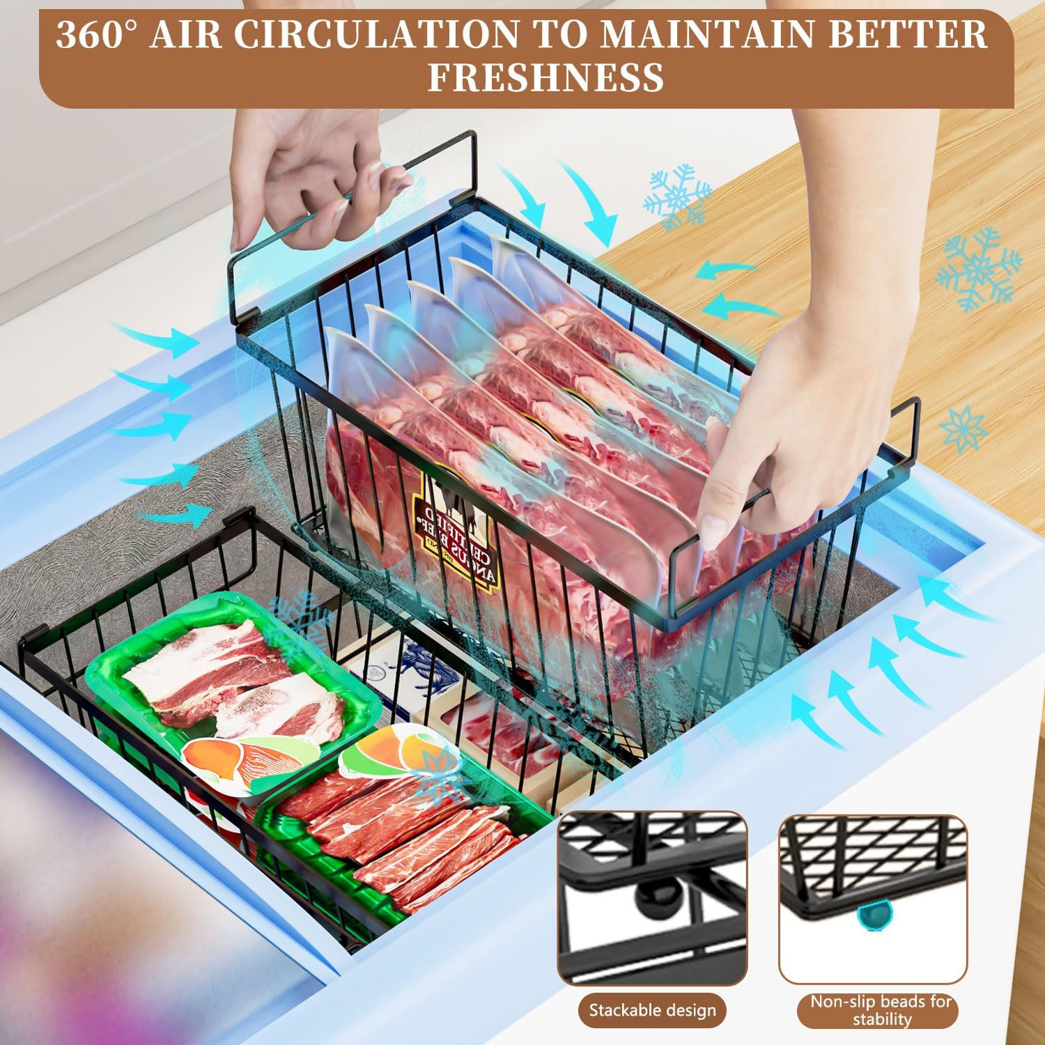 Enhanced Leak-Proof Bottom – Freezer Organizer Bins ，6 Pack Stackable Deep Freez