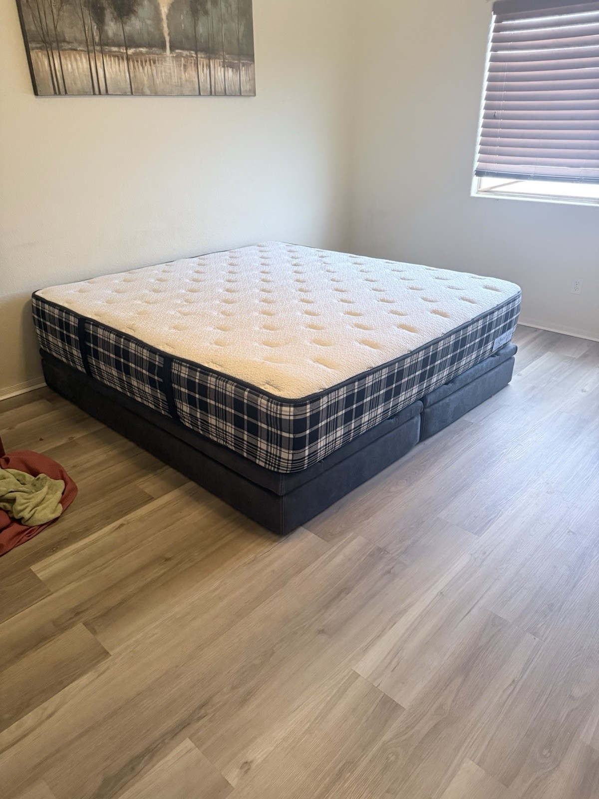 White Top Mattress with Blue Plaid Sides and Gray Base for Bedroom