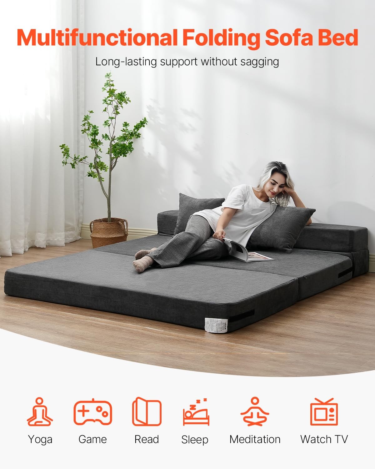 VEVOR Folding Sofa Bed, 3-in-1 Foldable Couch Bed with 2 Queen, Dark Grey