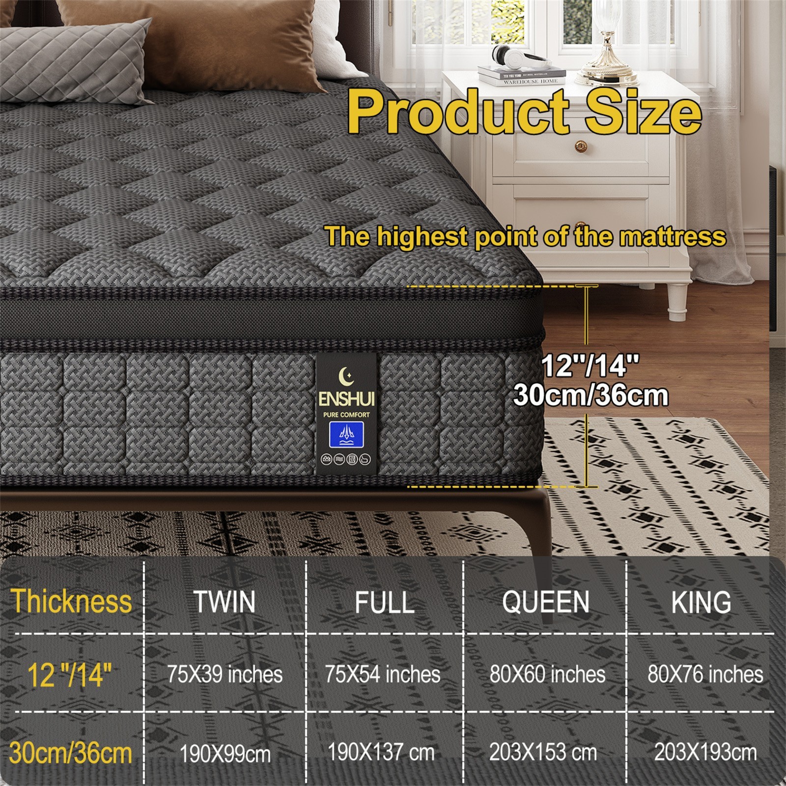 ENSHUI 12/14 Inch Cooling Hybrid Mattress – Medium Firm, Gel Memory Foam, Pocket