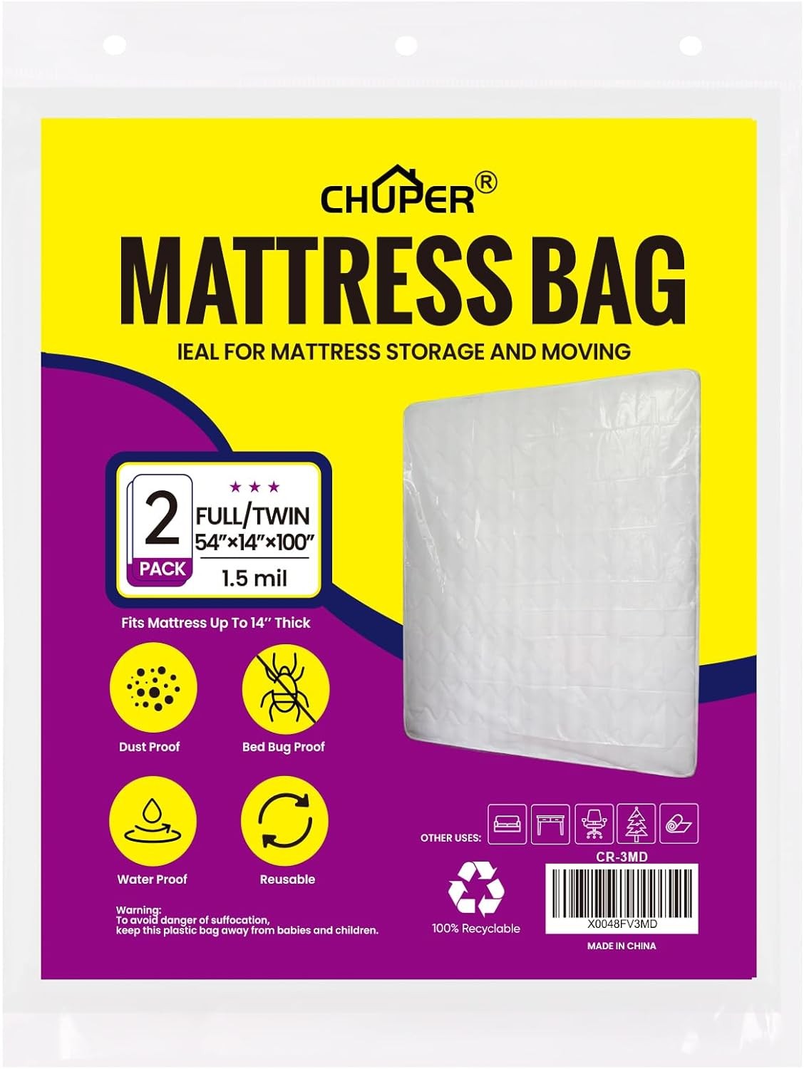 Mattress Moving & Storage Bag 100×60, Waterproof Dustproof Heavy Duty