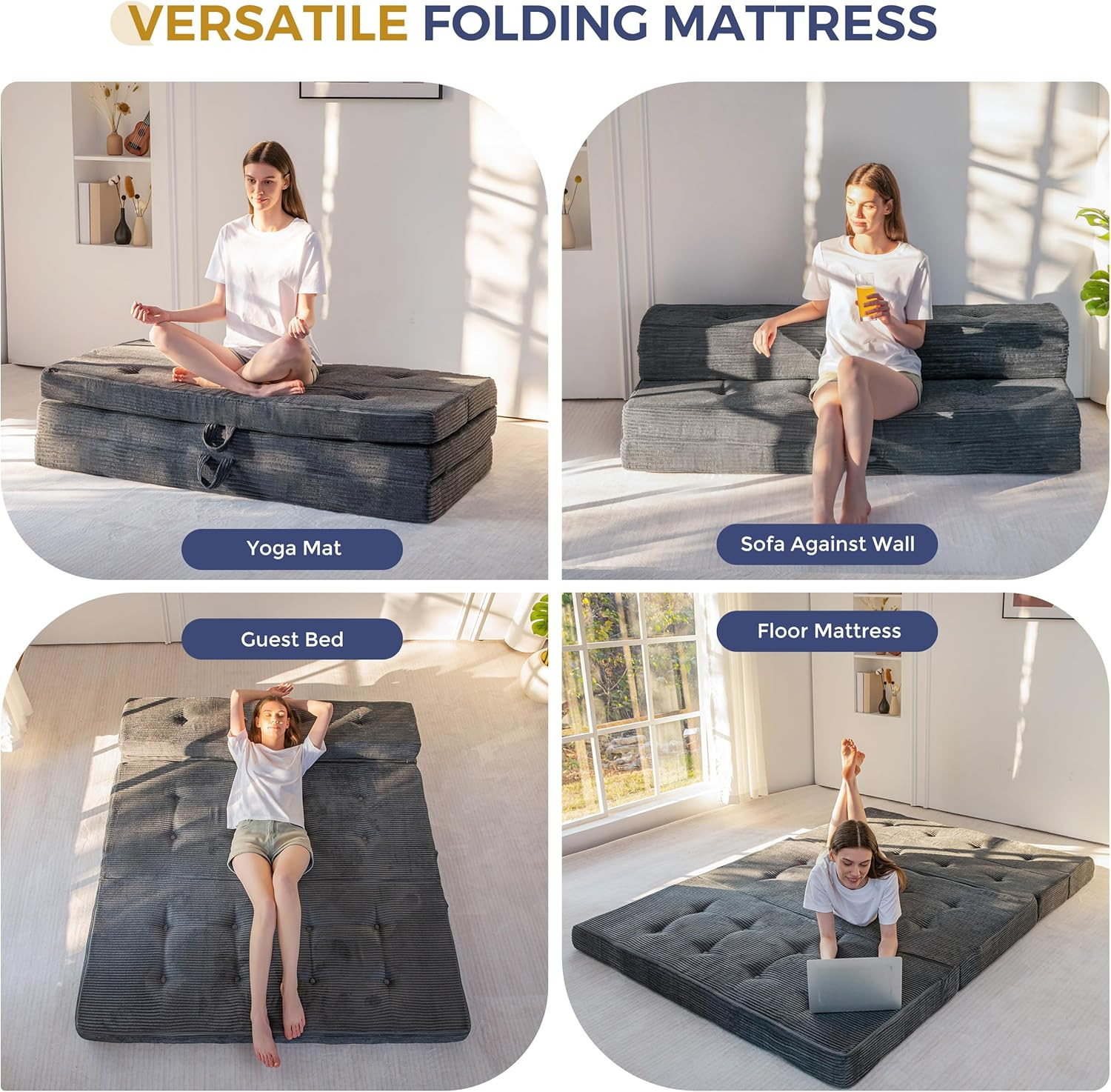 4-Inch Folding Mattress – Portable Tri-Fold Bed for Guests, Dark Grey
