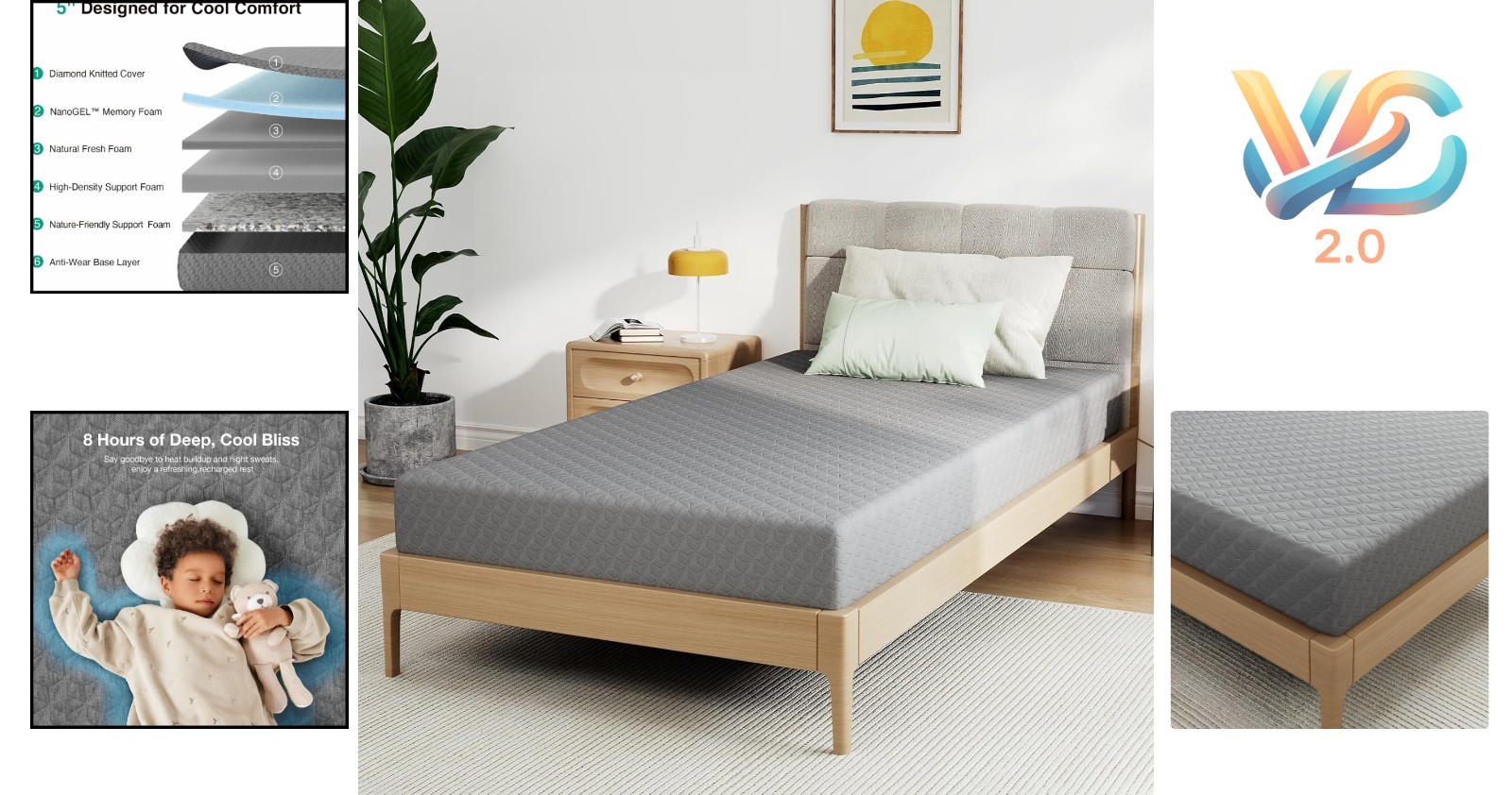 Full Size Gel Memory Foam Mattress 5 Inch Cooling Support Hypoallergenic