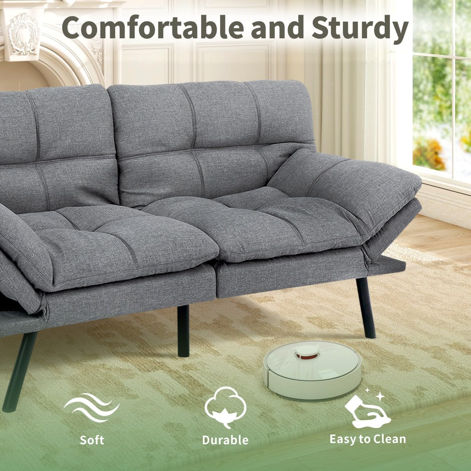 MUUE 71-Inch Futon Sofa Bed, Convertible Loveseat Sleeper | Airy Light
