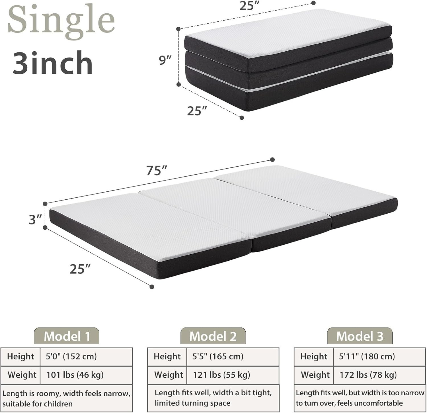 Tri Fold Memory Foam Foldable Mattress Single 3 inch Folding Mattress Guest
