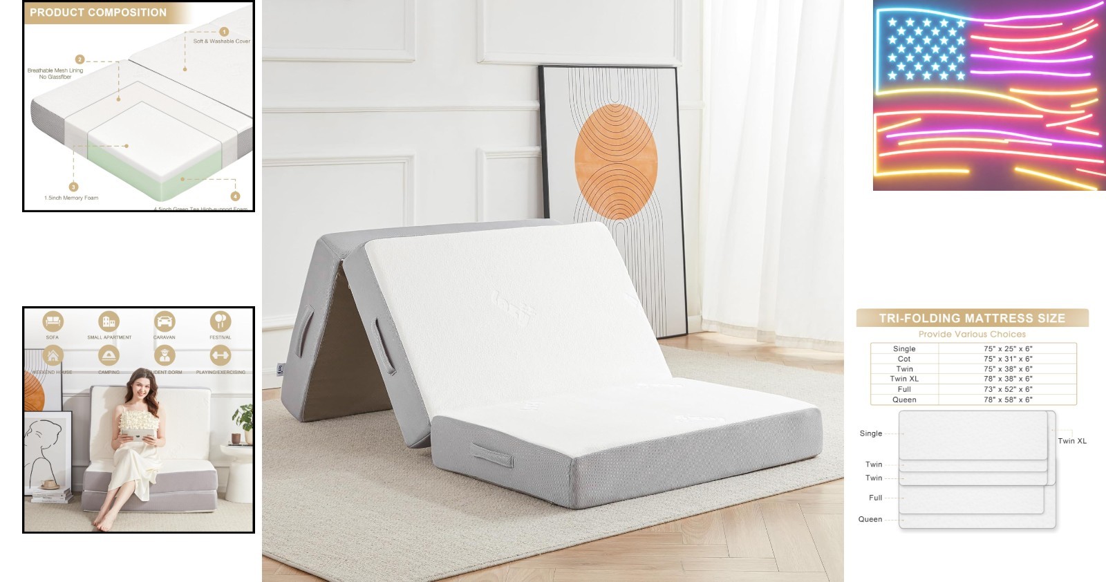 6 Inch Folding Memory Foam Mattress- Portable Tri-fold Bed for Camping & Guests