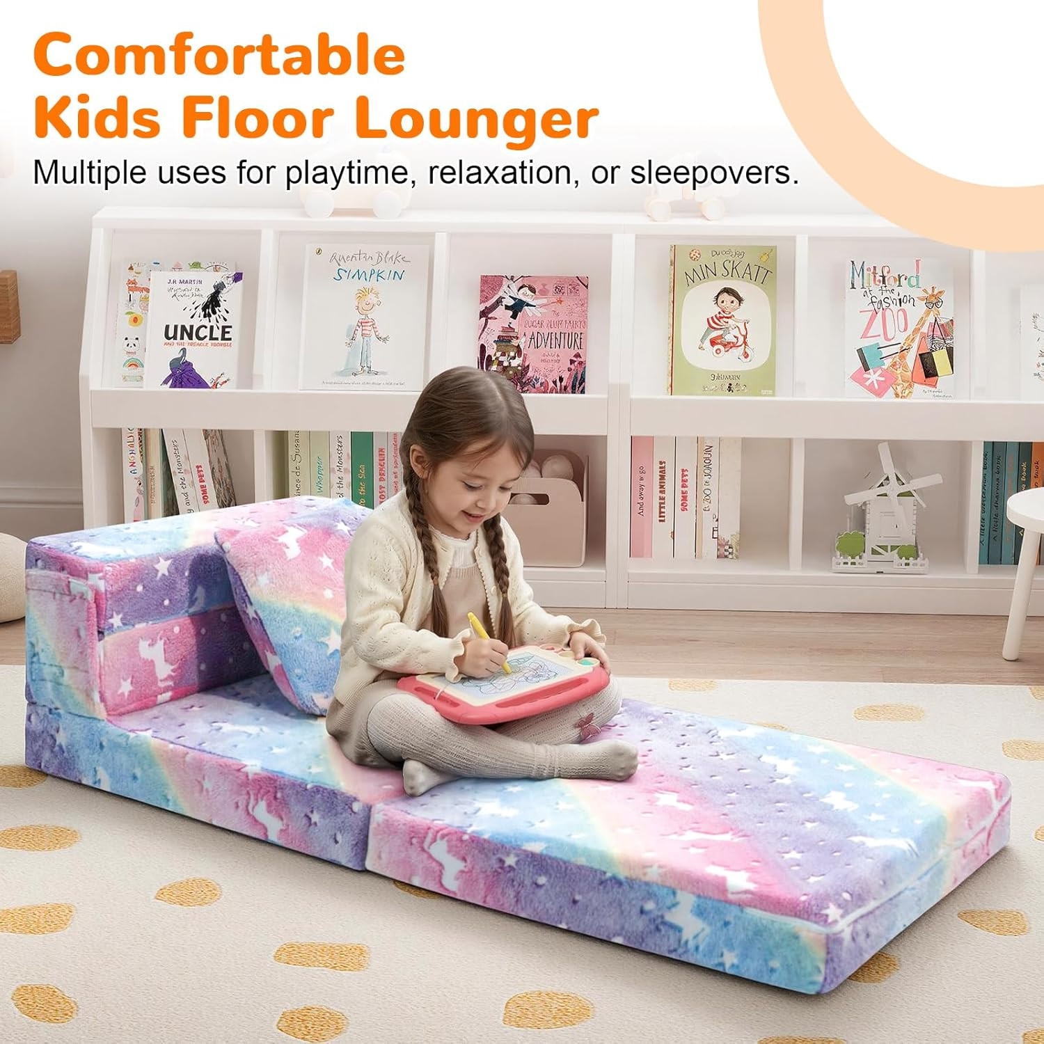 Glow Rainbow Unicorn Tri-Fold Sofa Bed for Kids – Versatile Playroom Furniture