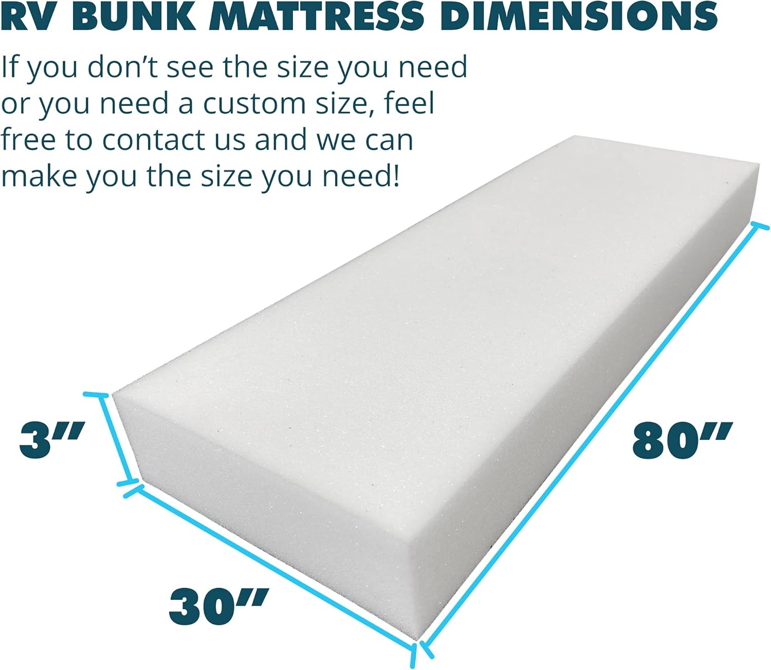 3″ X 30″ X 80″ High Density RV Bunk Mattress Replacement, Firm, Durable, Premium
