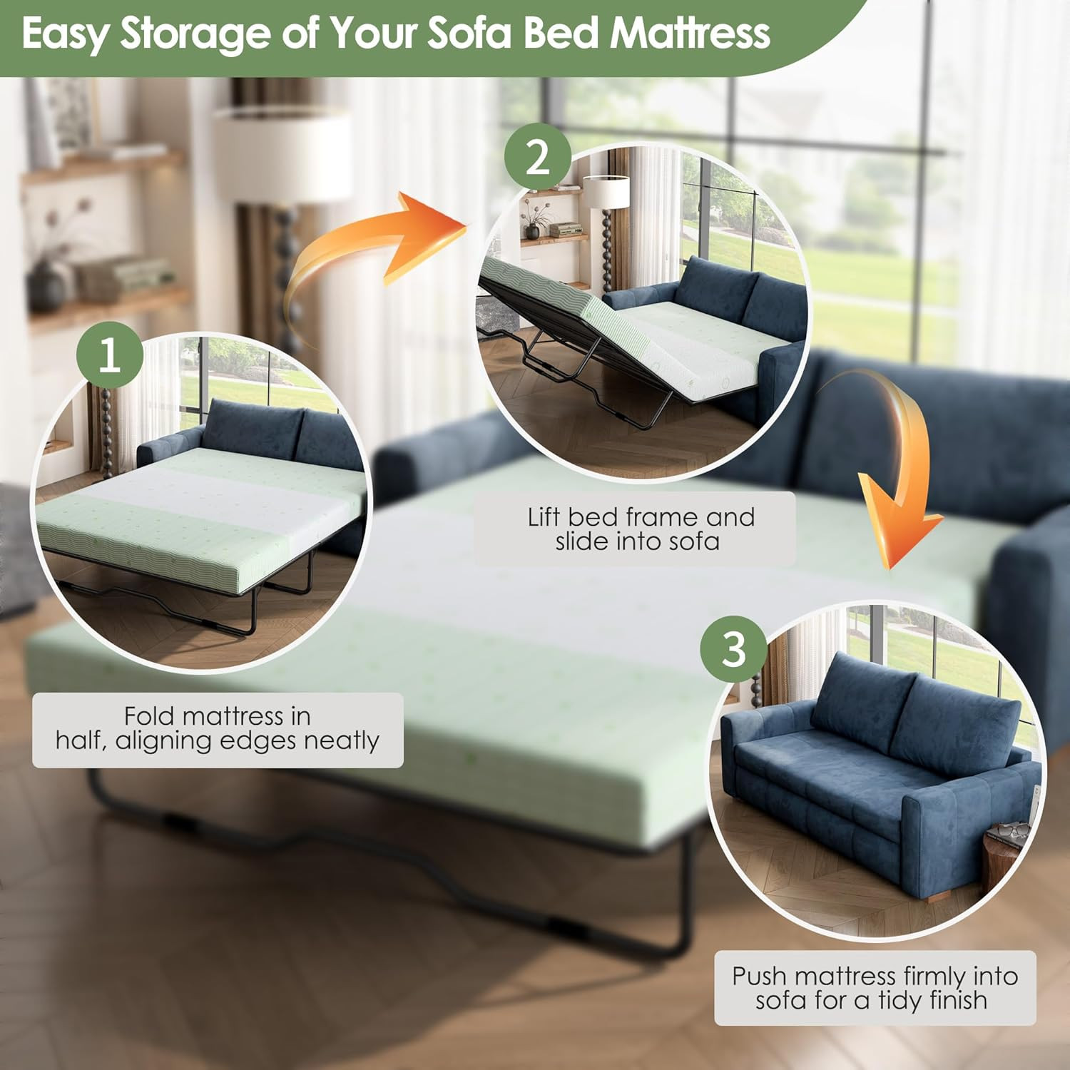 4 Inch Gel Memory Foam Sofa Mattress Queen Size – Light Green & White Foldable R