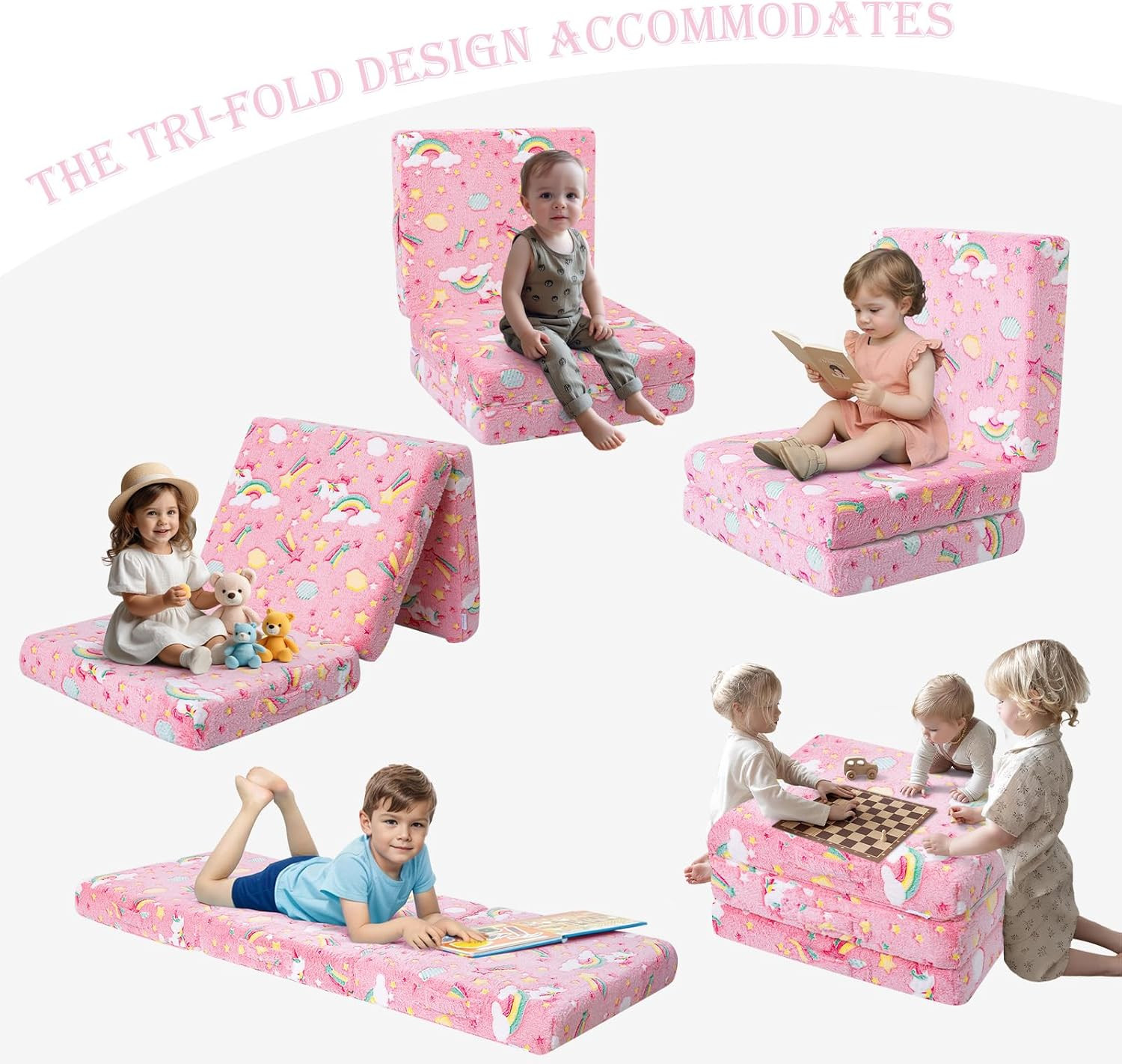 Glow Pink Unicorn Trifold Floor Mattress for Kids – Portable Nap Mat 57×22 Inch