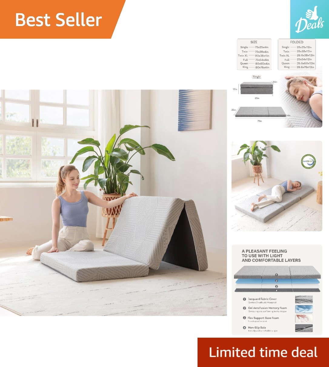 Versatile 4-Inch Folding Memory Foam Guest Mattress – 75″x25″ Tri-Fold Design