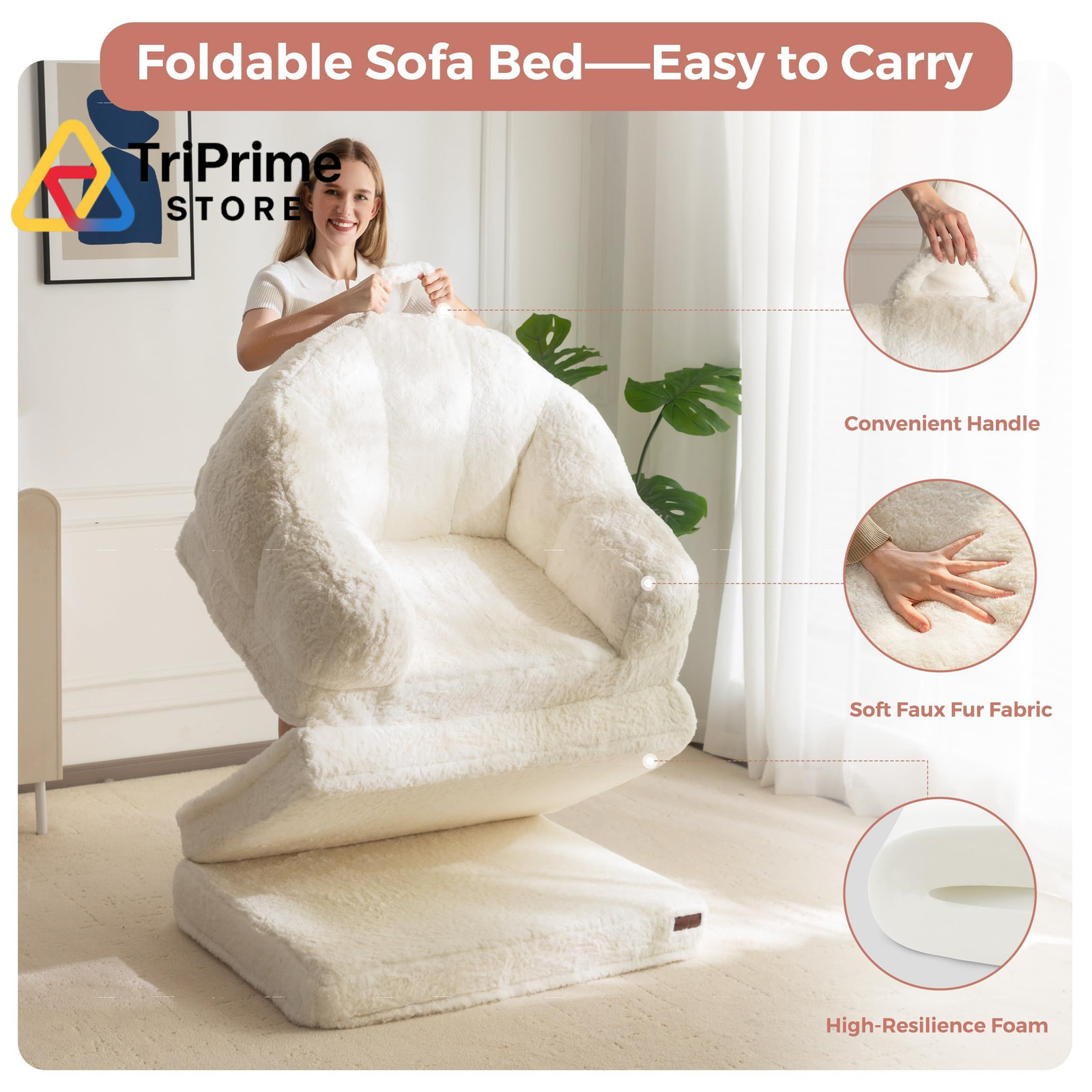 MAXYOYO Folding Sofa Bed, 2 in 1 Convertible to Lounger Single, Beige