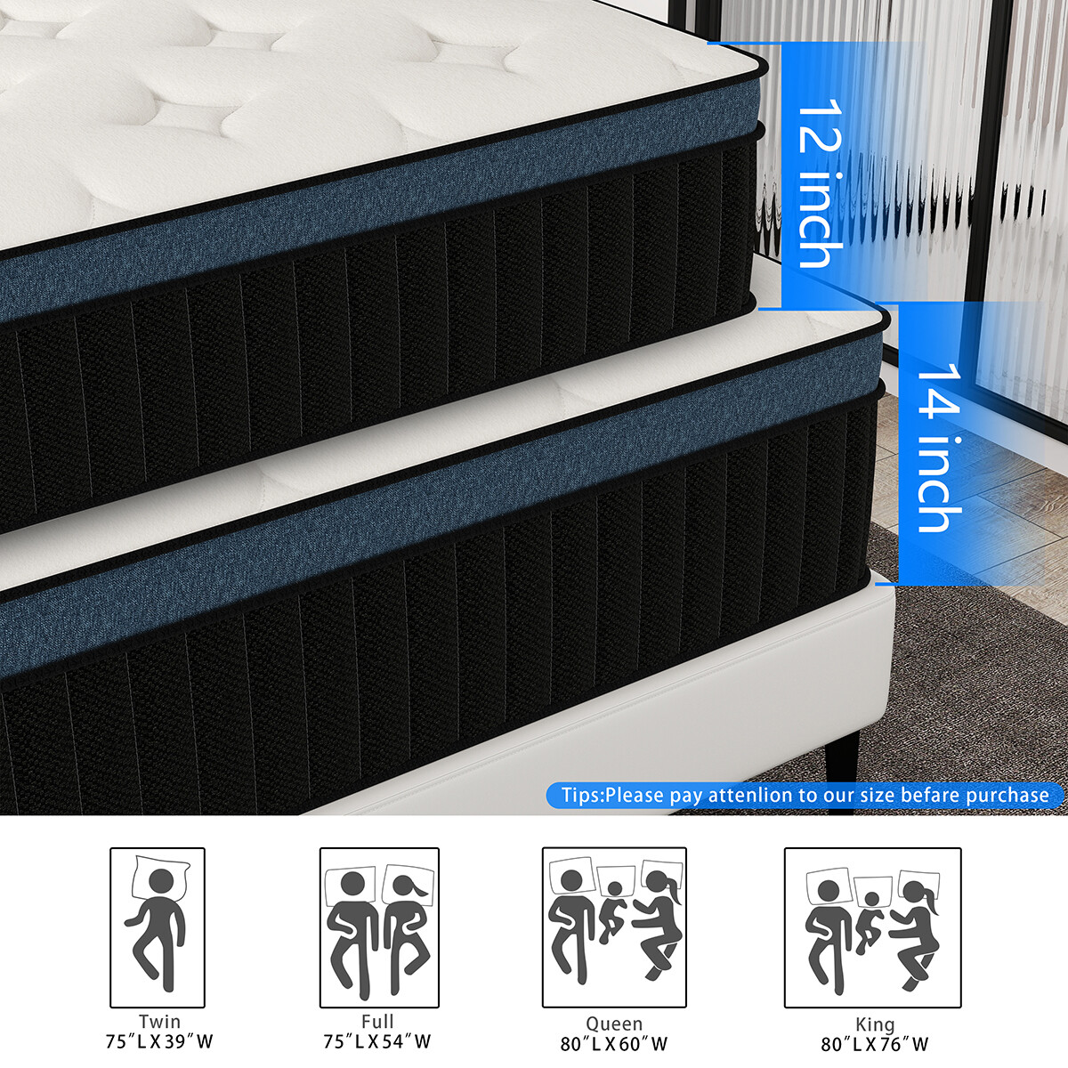12″14″ Hybrid Mattress Memory Foam InnerSpring Twin Full Queen King Bed In a Box