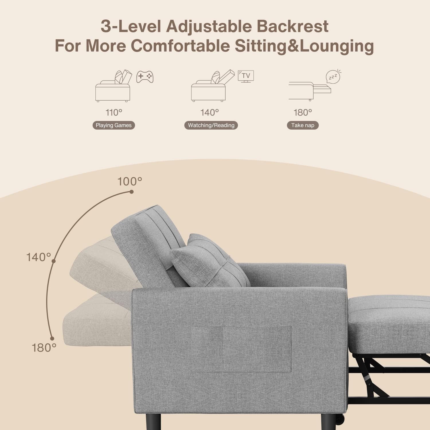 Convertible Sleeper Chair, 3-in-1 Sofa Bed with Adjustable Design,