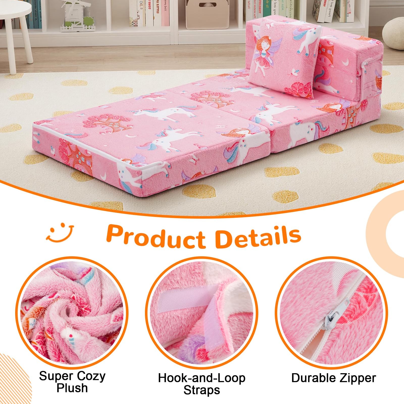 Foldable Futon Chair Bed for Kids, Glow Tri-fold Sofa Bed Convertible Toddler…