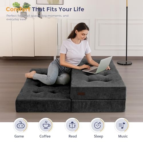 Tri-Fold Mattress, 6 Inch Tufted Folding Mattress with Chenille Full Dark Grey