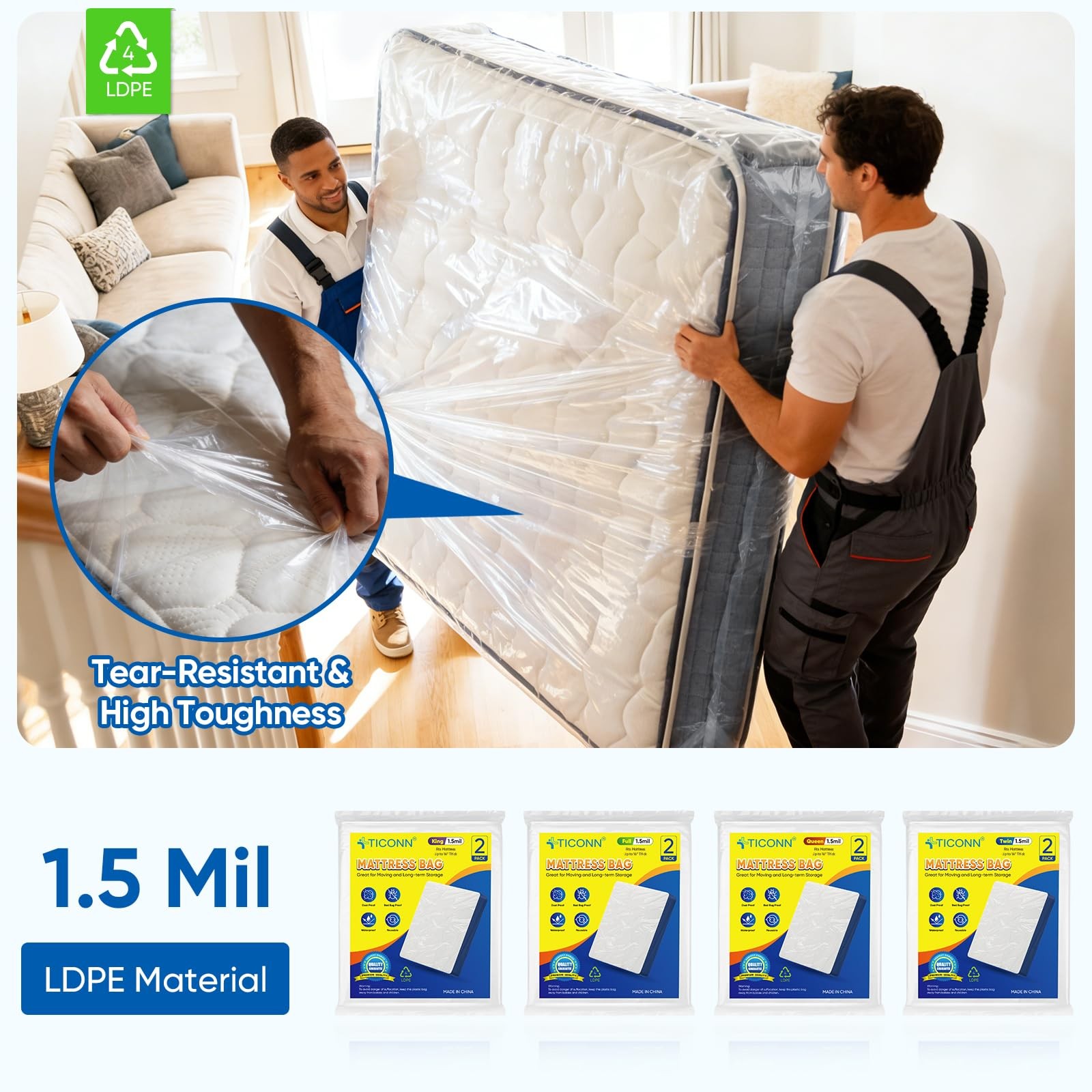 TICONN 2PK Plastic Mattress Bag for Moving Storage, Waterproof Queen, White