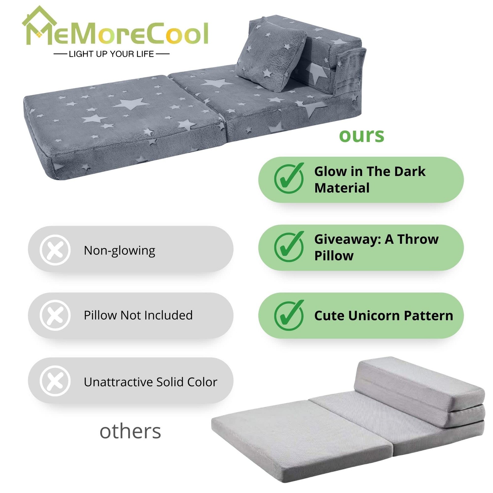 Kids Tri-Fold Sofa Bed – Glow Star Floor Mattress & Foldable Futon Chair Conv…