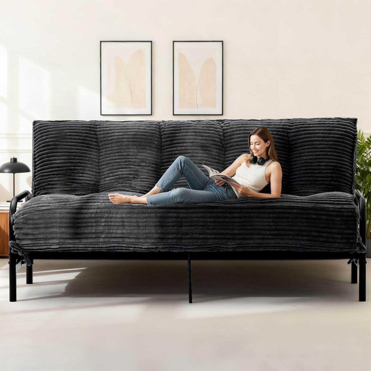 10″ Futon Mattress Queen Size,Futons Sofa Couch Bed W/ Straps Thick Corduroy