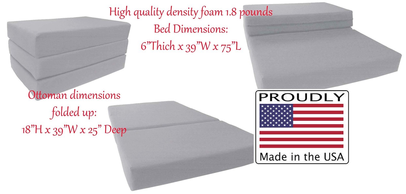 Twin Size Gray Trifold Foam Bed, 6 x 39 x 75 Folding Mattress, 1.8 lb Density