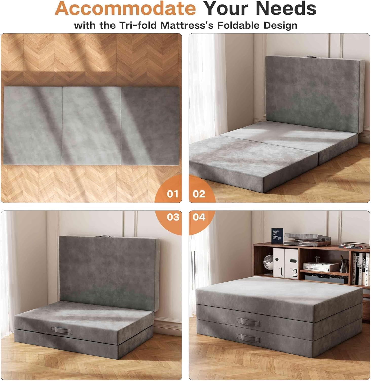 4 inch / 6 inch Tri-Fold Memory Foam Mattress Single Folding Reversible Foldable