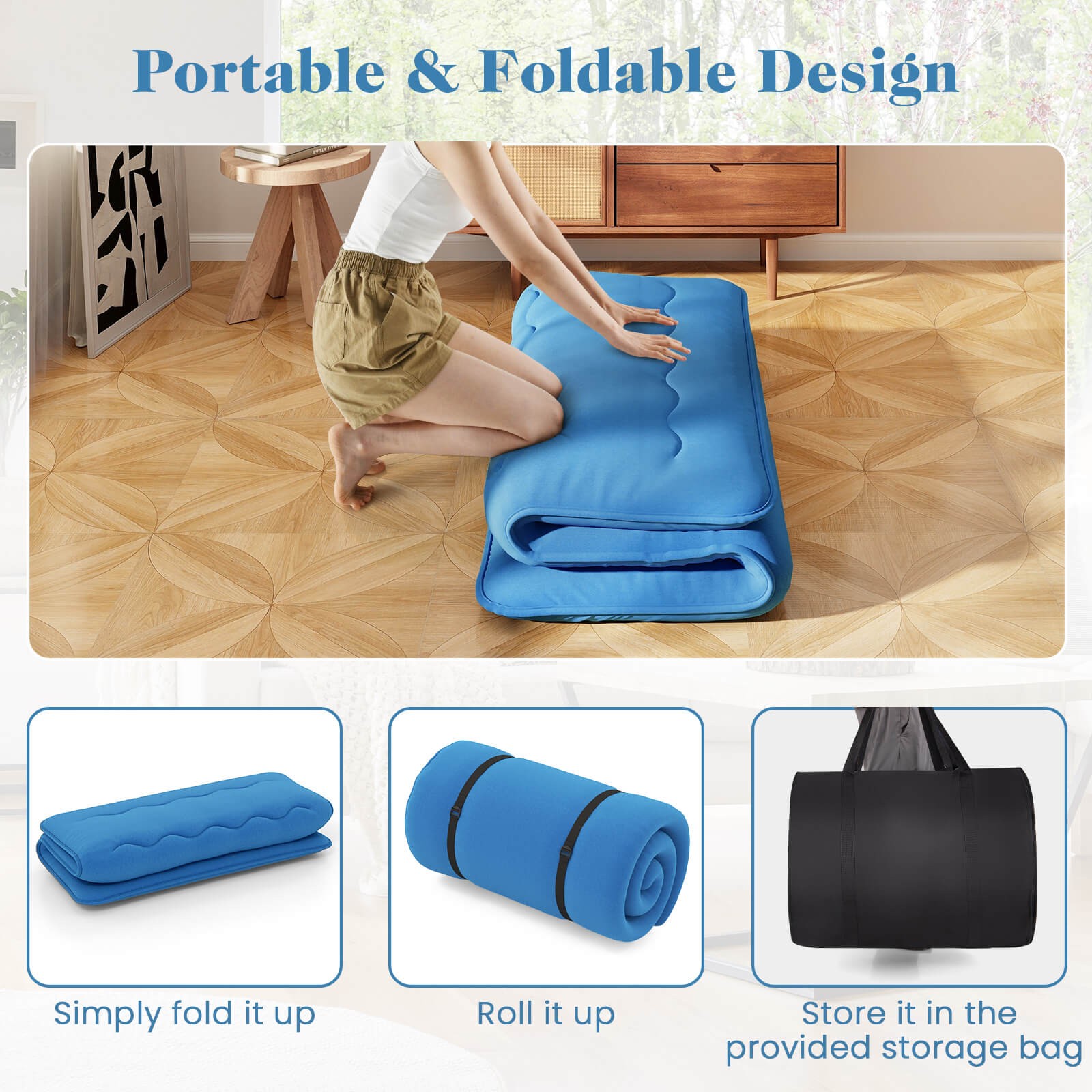 Full Futon Mattress Japanese Floor Sleeping Pad Washable Cover Carry Bag Blue