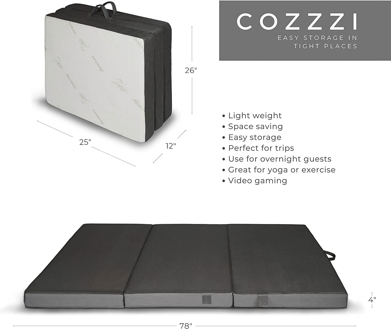 Cozzzi Folding Twin Mattress Trifold Foam Topper Portable Sleeping Mat Grey 25″