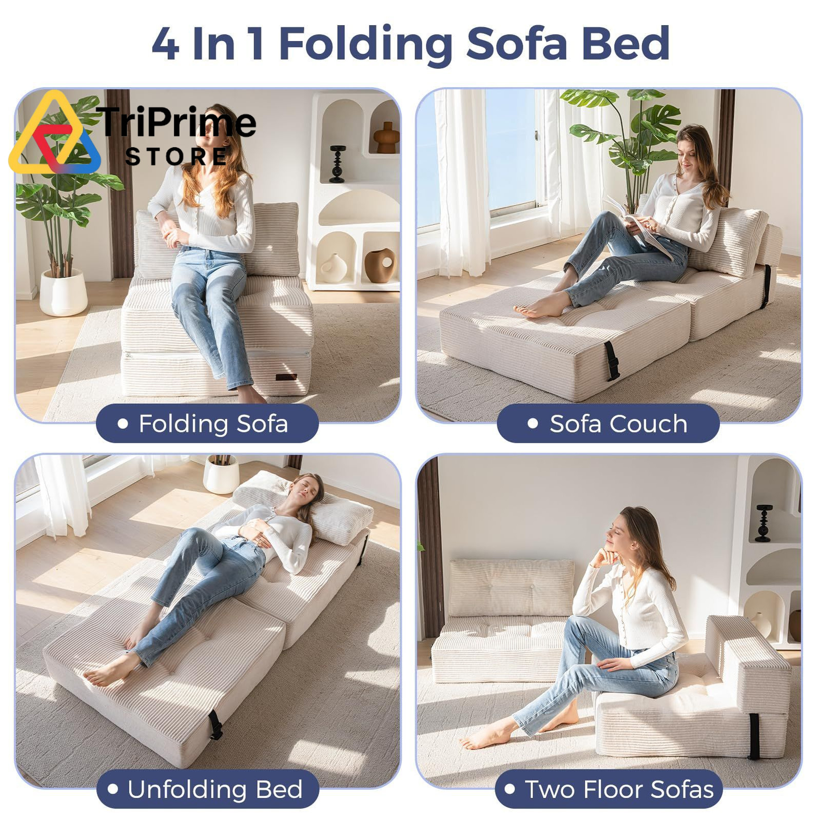 MAXYOYO Folding Sofa Bed, Convertible Bed with High-Density Large, Beige