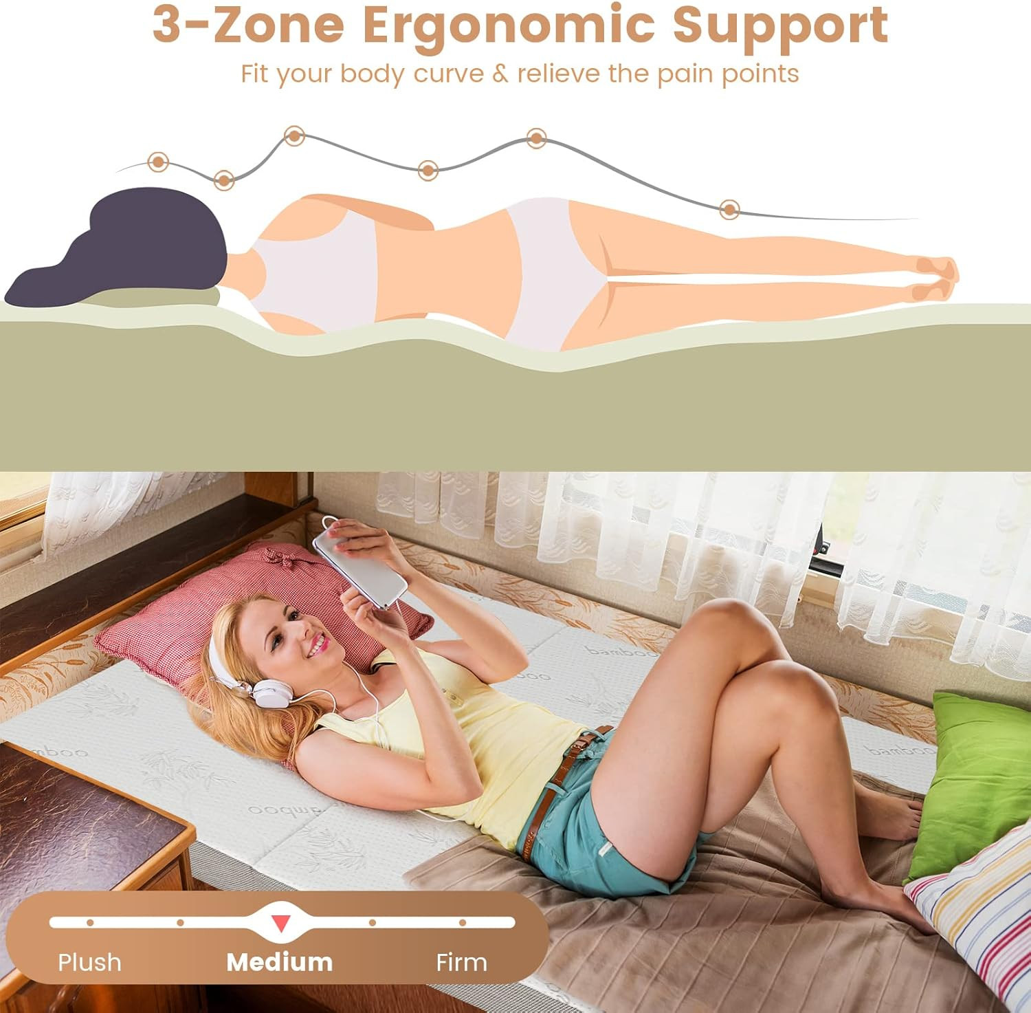 Folding Mattress, 4 Inch Gel-Infused Tri-Fold Mattress with Bamboo Cover & Carry