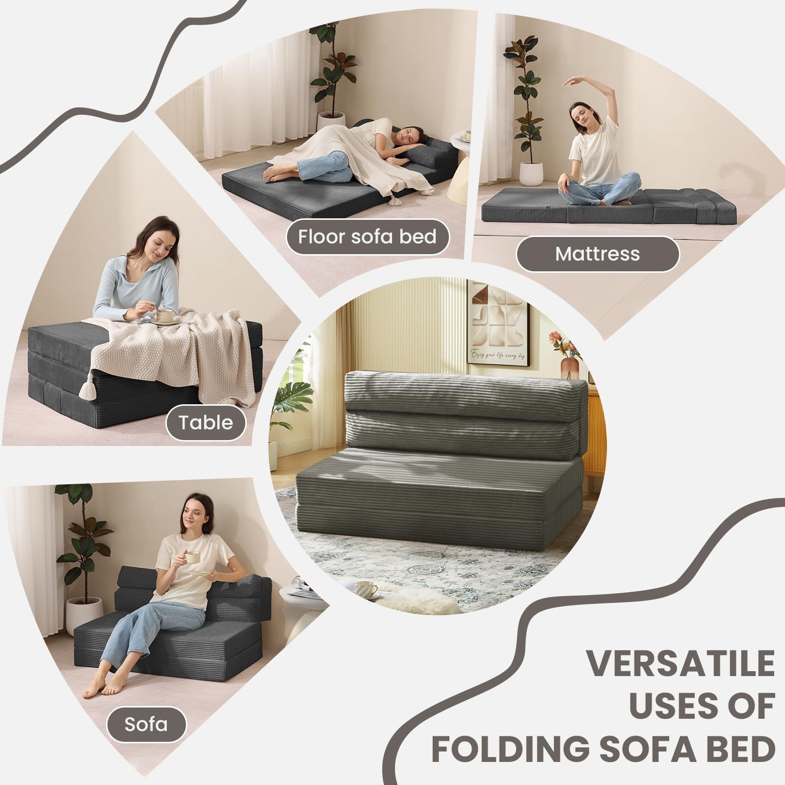 JUIKURY Folding Sofa Bed, Convertible Sleeper Chair with Pilow Full, Grey