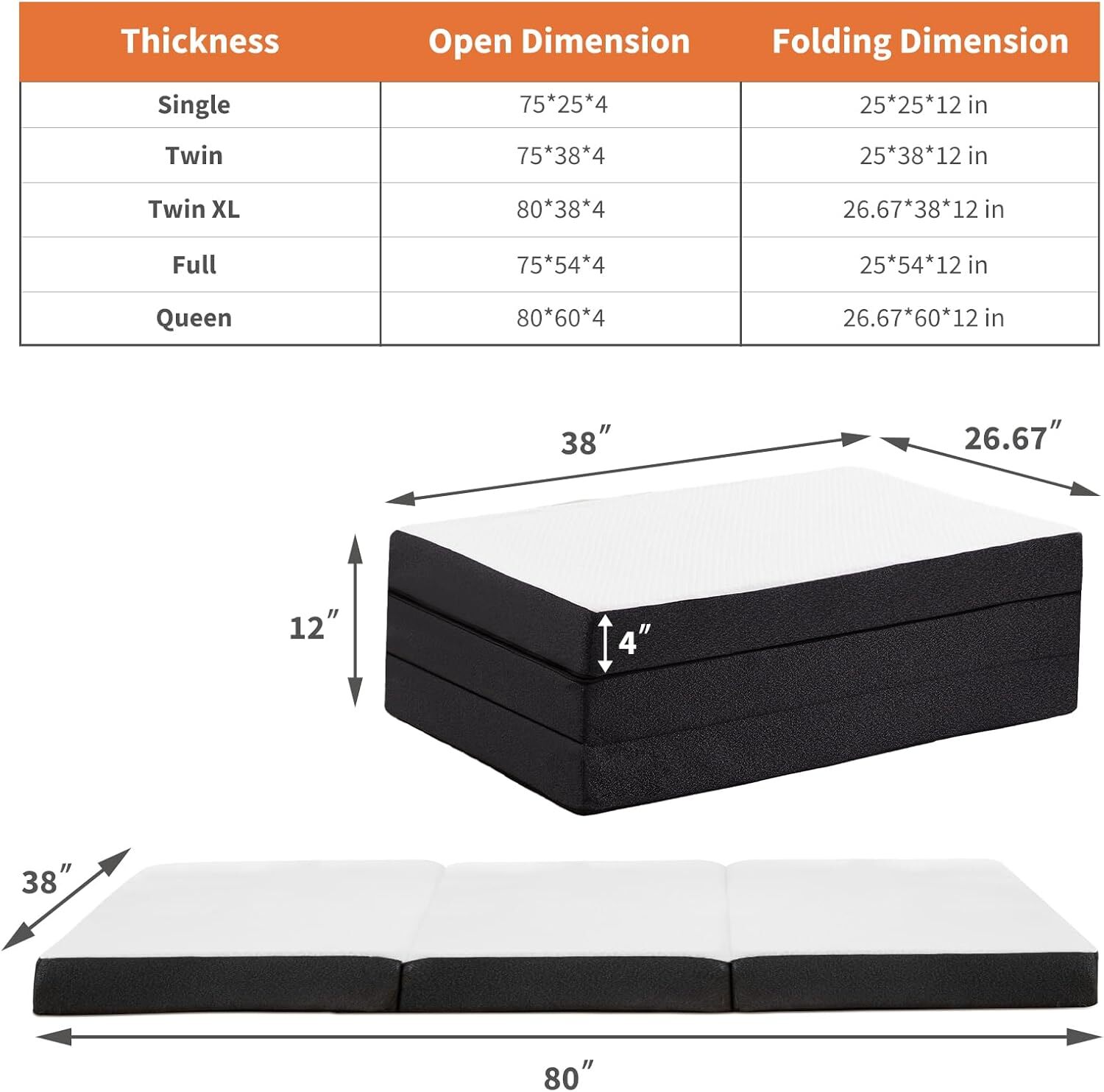 Tri-fold Gel Foam Mattress Relief Back Pain, Twin Full Queen King Washable Cover