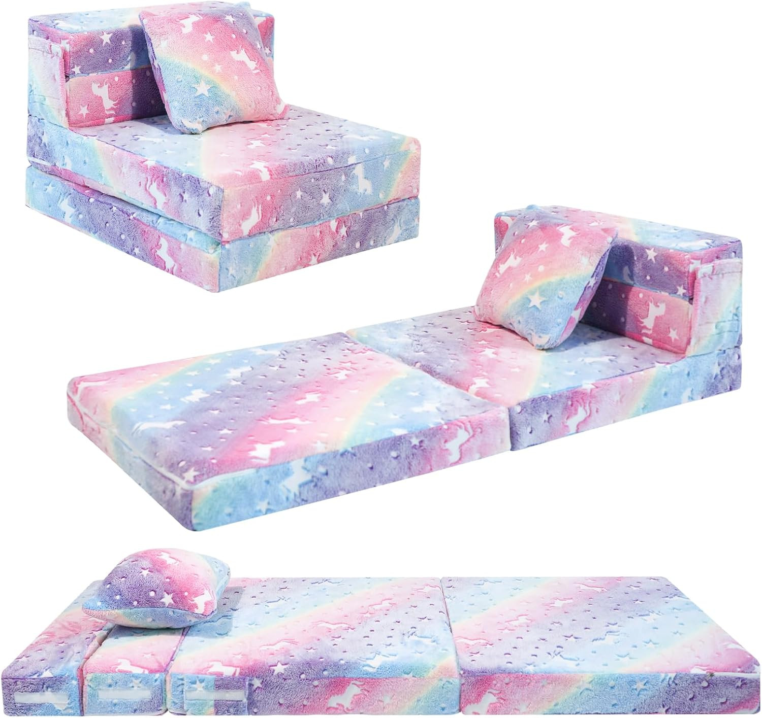 Glow Rainbow Unicorn Tri-Fold Sofa Bed for Kids – Versatile Playroom Furniture