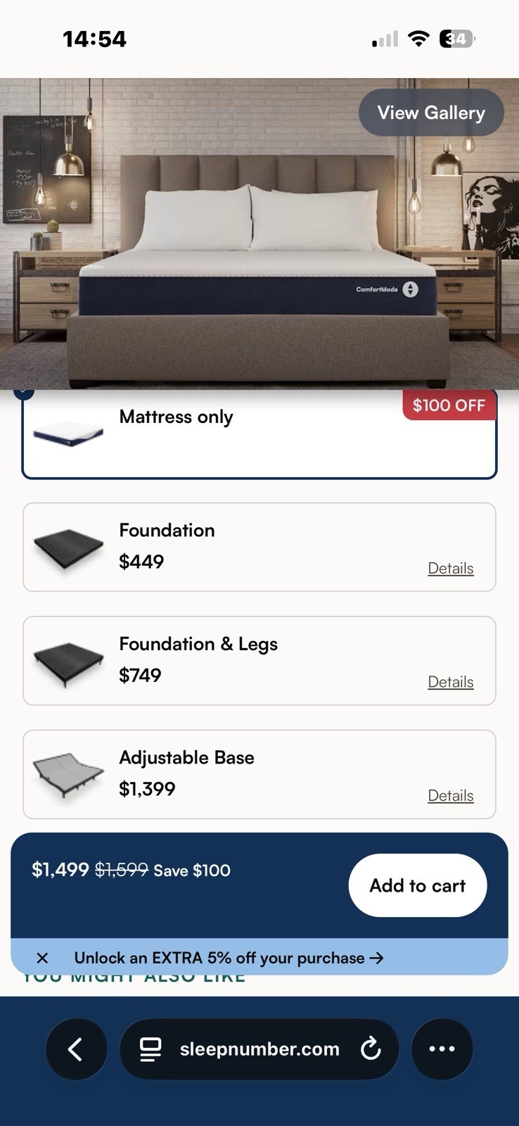 Sleep Number 360 C2 Smart Bed Queen Adjustable Firmness 40 White/Gray