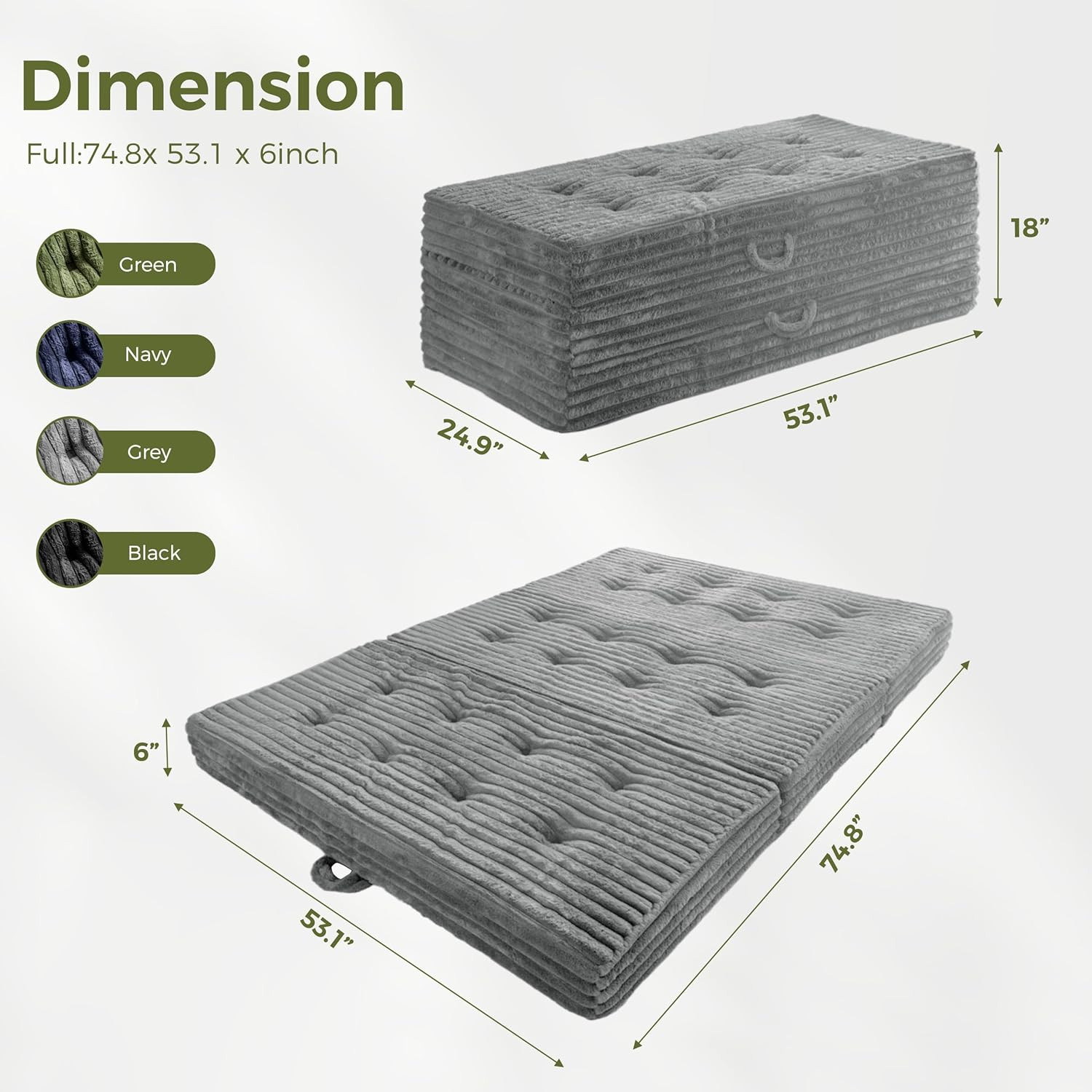 Tri-Fold Folding Mattress with Handles, 6-Inch Portable Sofa Bed, Grey