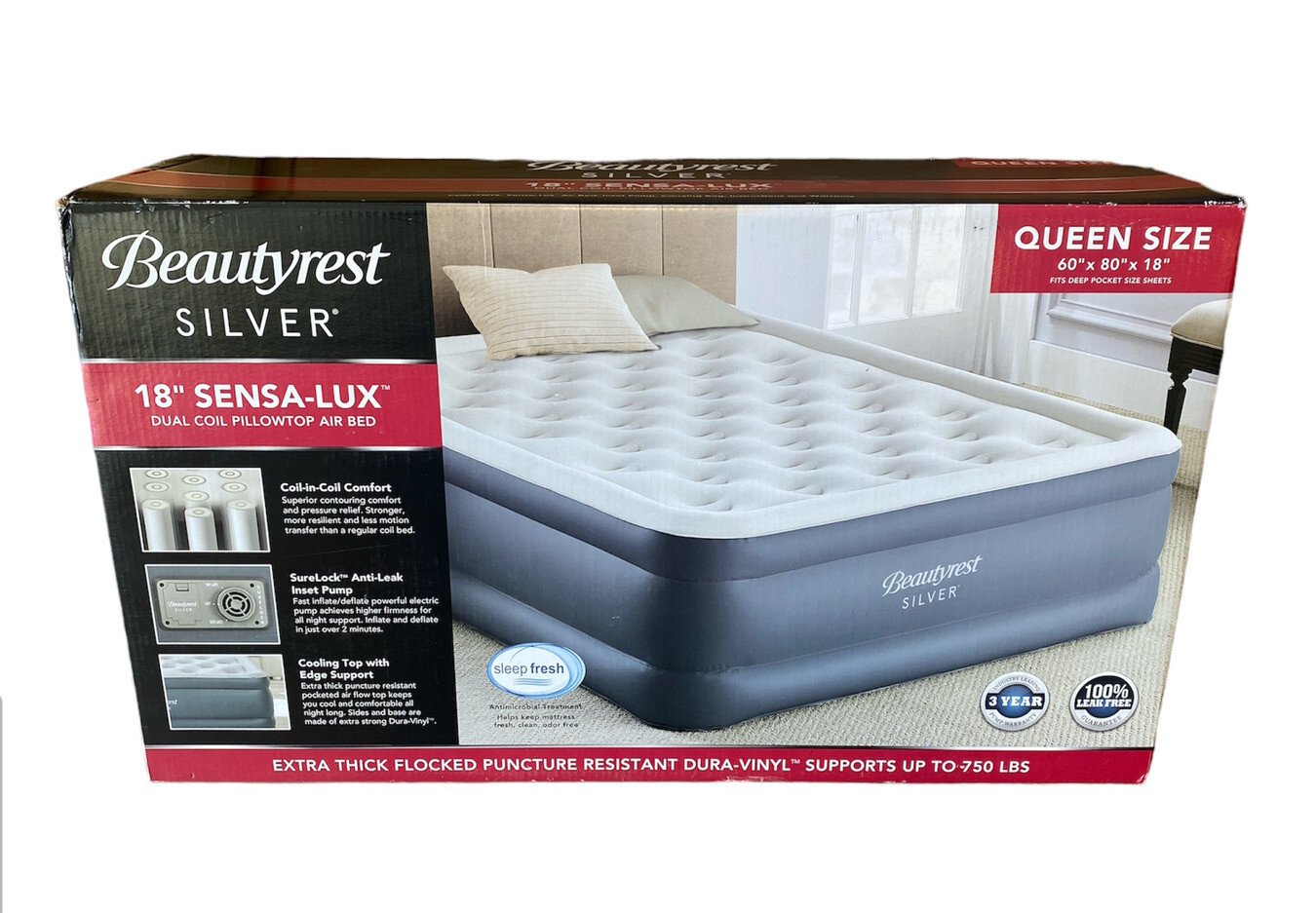 0188) Beautyrest Silver 18″ Sensa-Lux Dual Coil Pillow Top Air Mattress Queen Sz