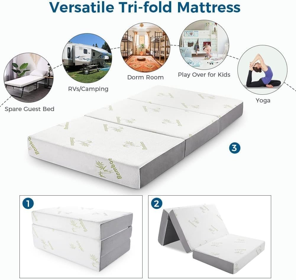 Full Folding Mattress, 6 Inch Trifold Memory Foam Mattress with Ultra Soft Re…