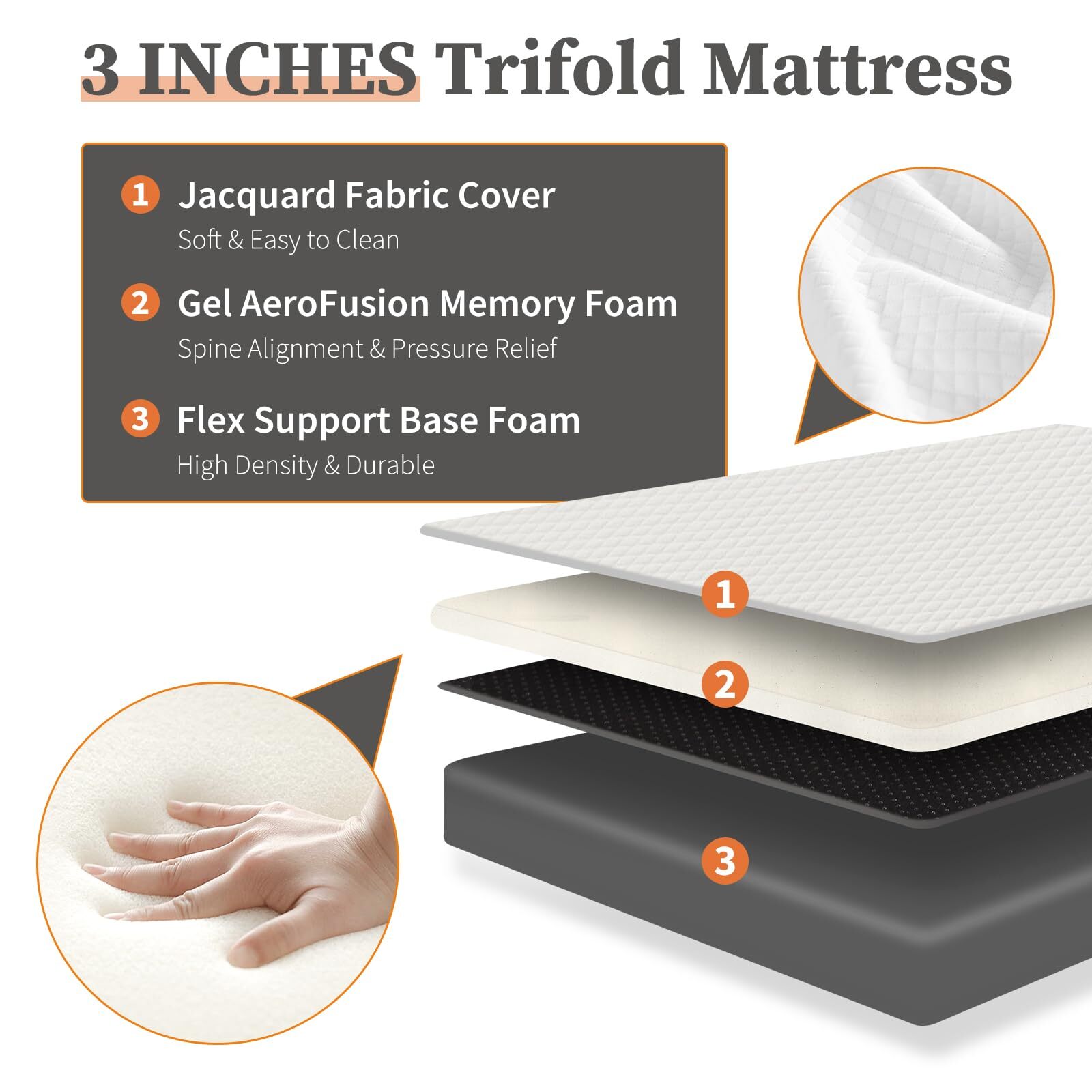 Folding Mattress Twin Size 3-Inch Tri-Fold Mattress with Memory Foam for Camping