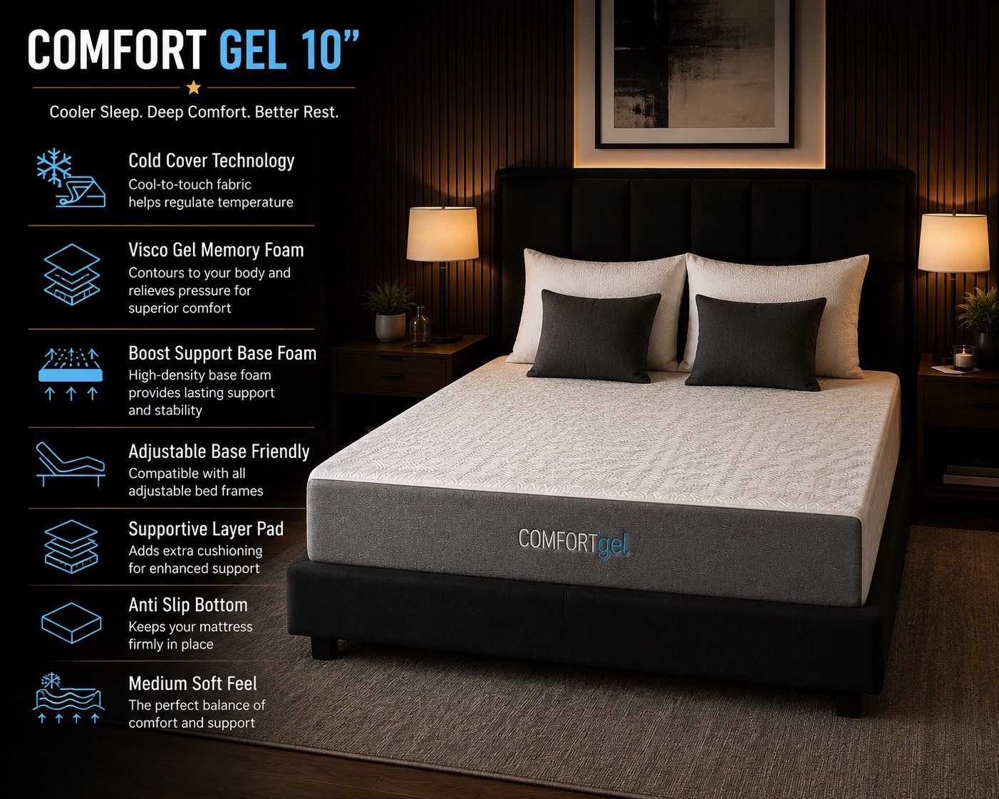 Queen 10” Visco Gel Memory Foam Mattress Medium Soft Cooling Bed Made in USA
