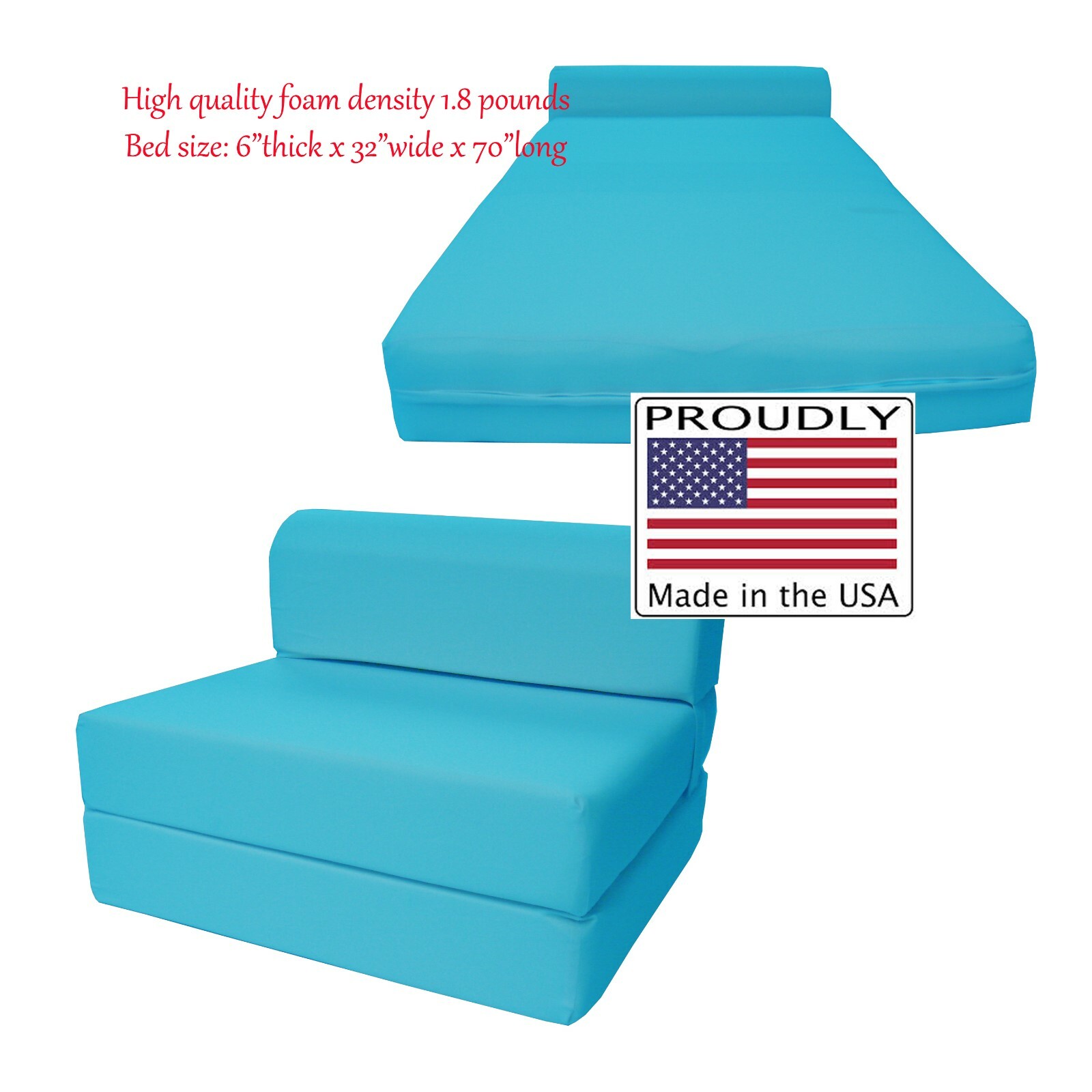 Twin Flip Chair Folding Foam Beds, Portable Sofa Bed, Couch 6x32x70, Turquoise
