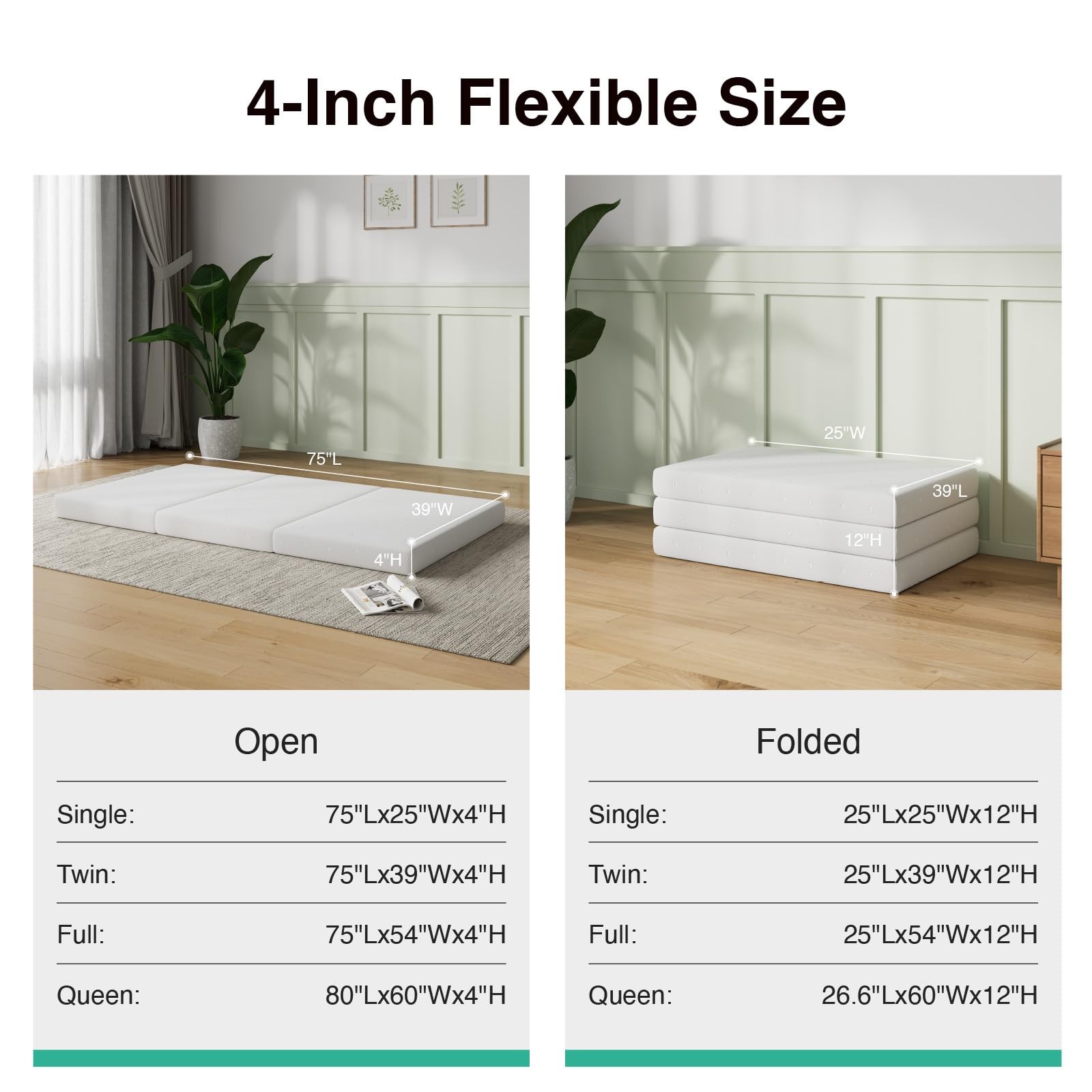 4 Inch Foldable Foam Mattress Trifold