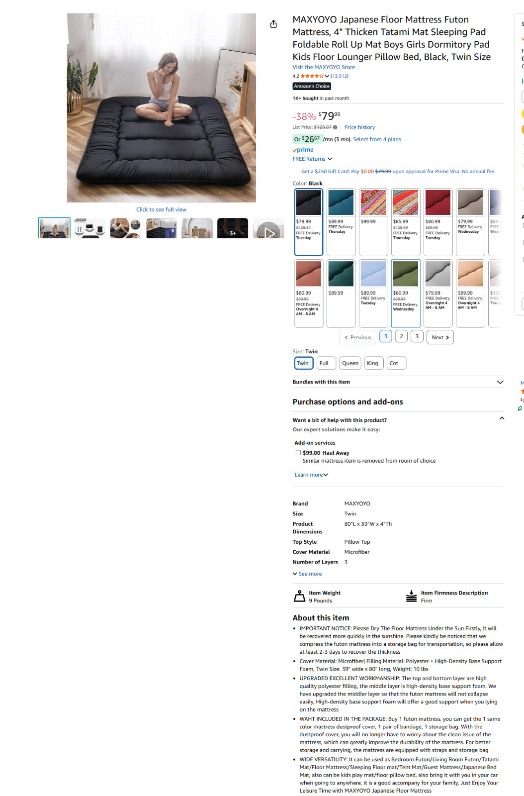 MAXYOYO Japanese Floor Mattress Futon Mattress, 4″ Thicken Tatami Mat #3426PUP1