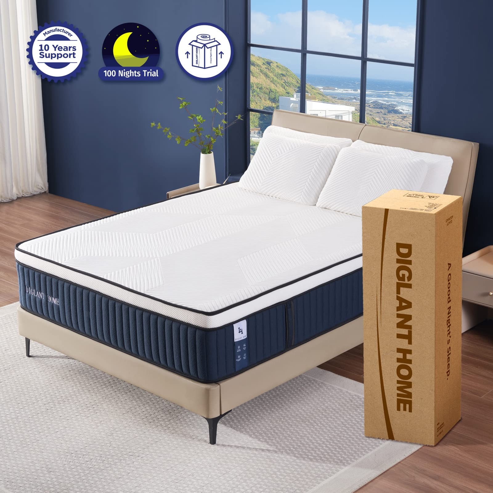 DIGLANT 14 Inch Hybrid Mattress, Medium Plush Feel Memory Foam Euro Top Mattr…