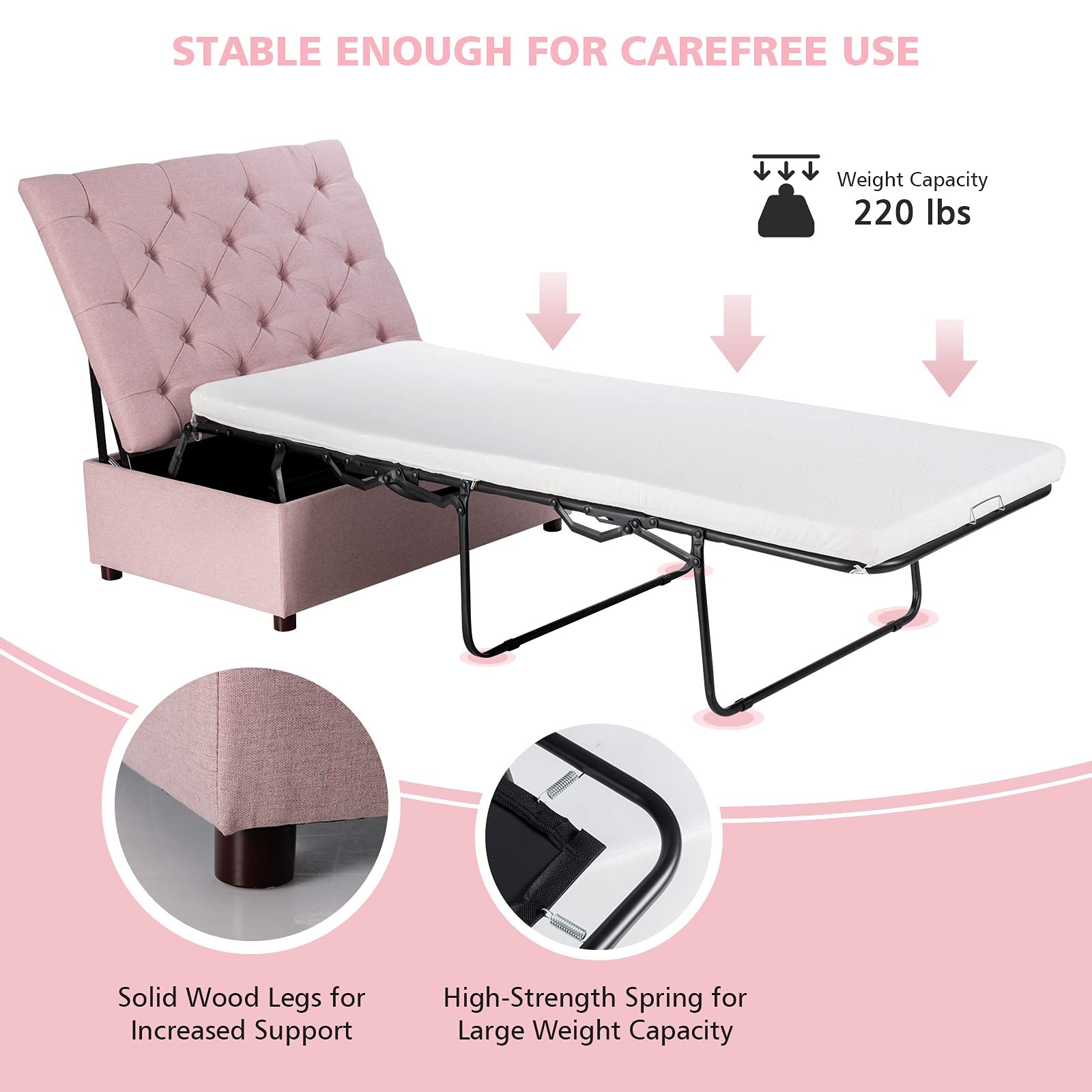 Ottoman Folding Bed, Fold Out Sleeper Bed with Mattress, Convertible Chair in…