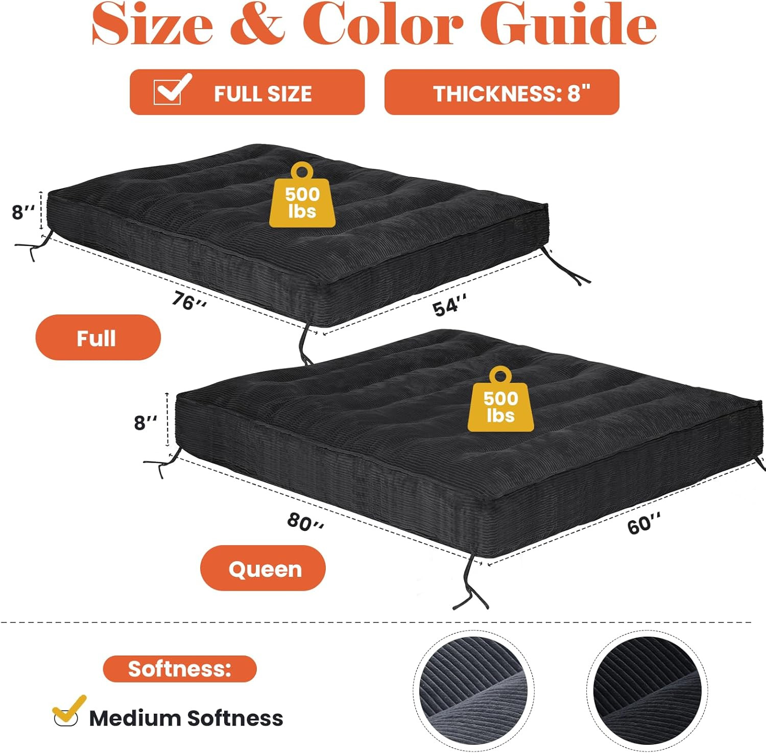 Full Size 8″ Futon Mattress with Shredded Foam & Storage Straps – Corduroy