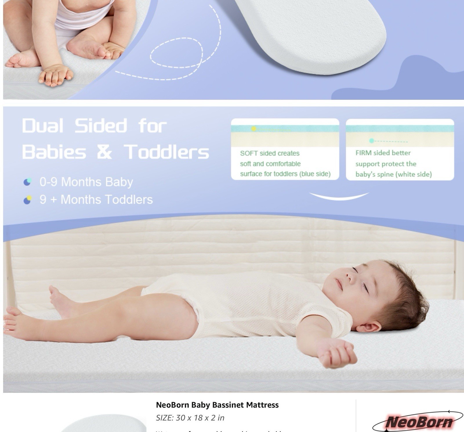 Neoborn Baby Bassinet Mattress Topper-30″ x 18″ x 2″ Dual Sided Gel Memory NIB!