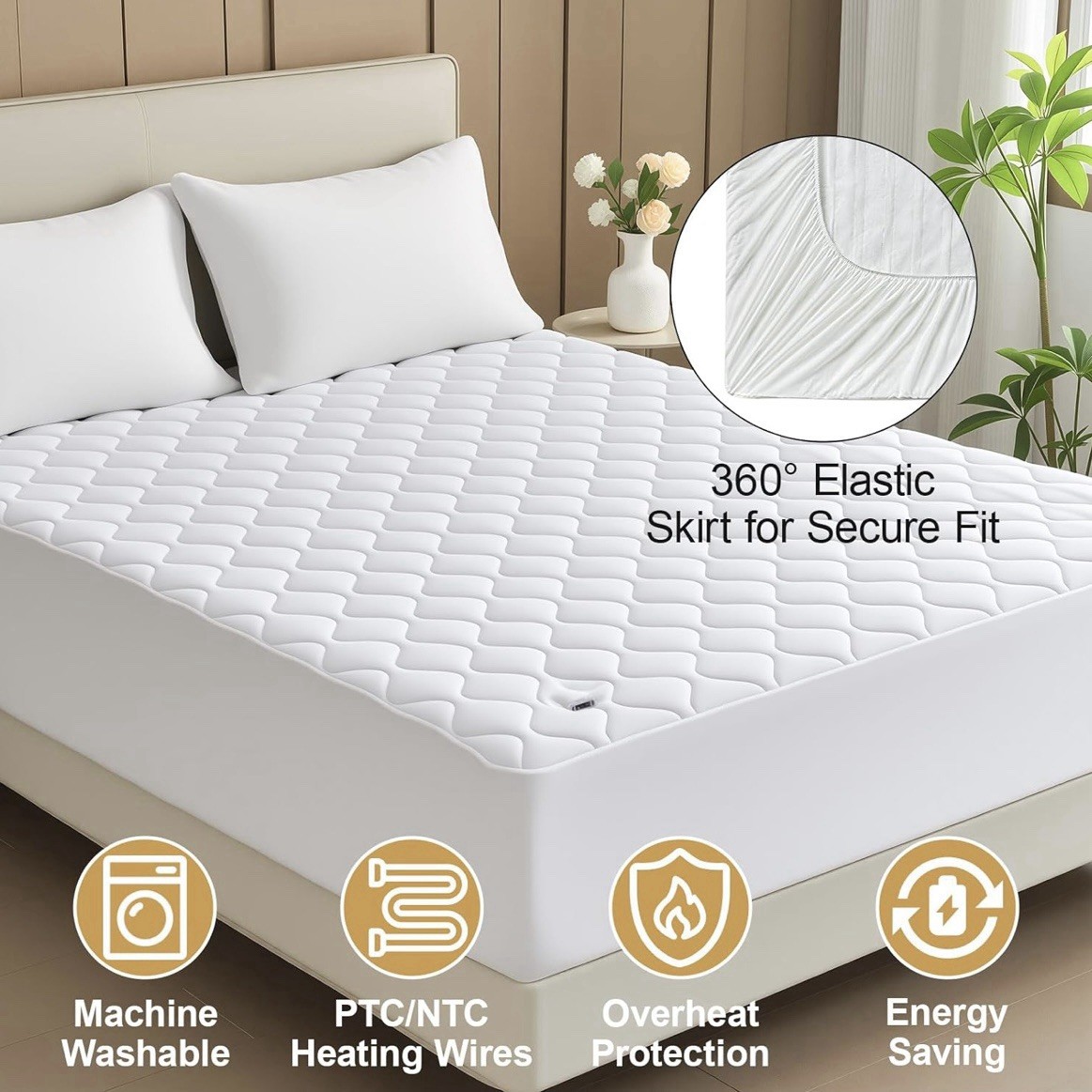 King Heated Mattress Pad Dual Control 6 Heat Bed Warmer Deep Pocket 21”